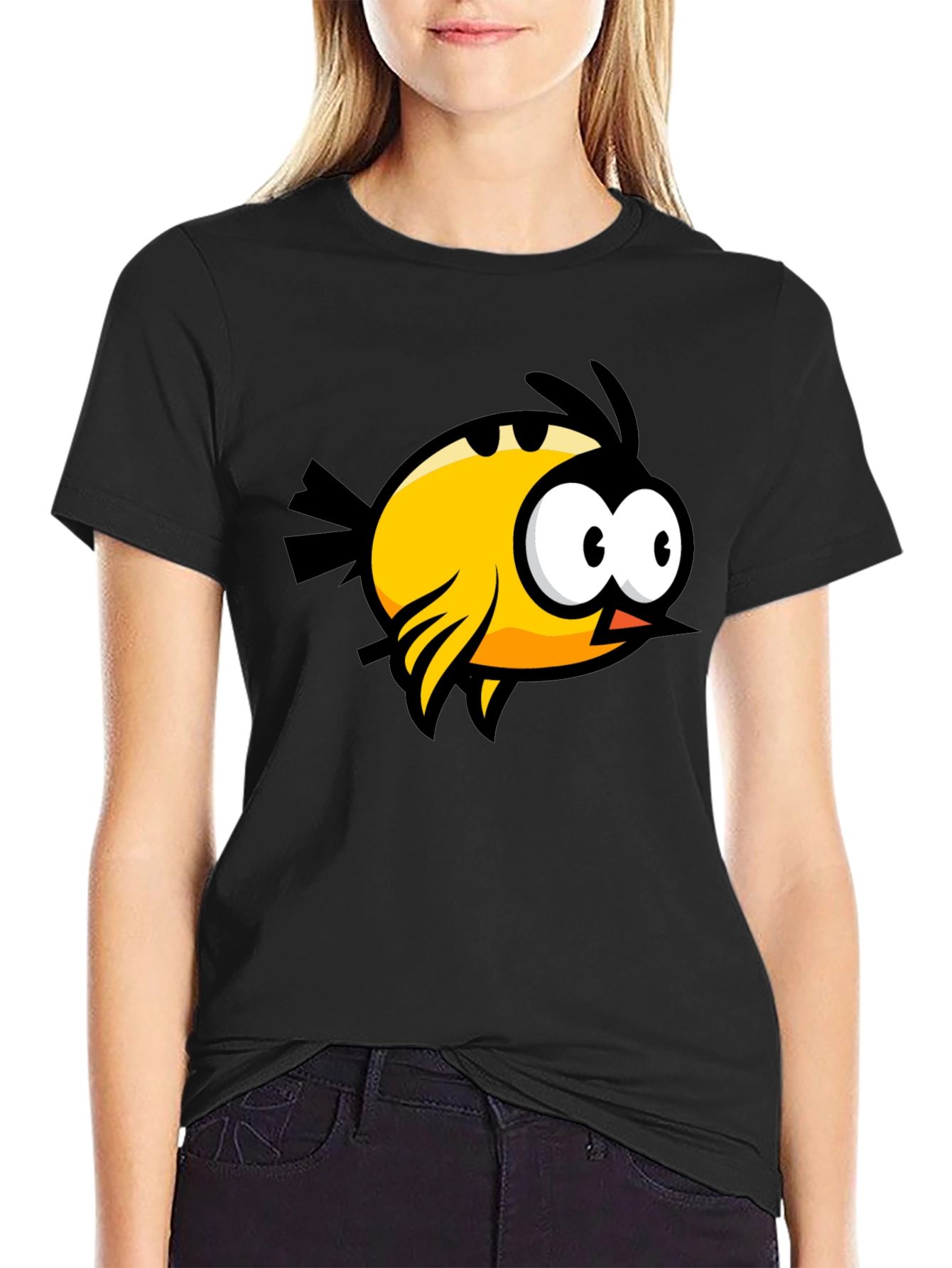 Black Cartoon Bird Graphic Black T-Shirt view 2
