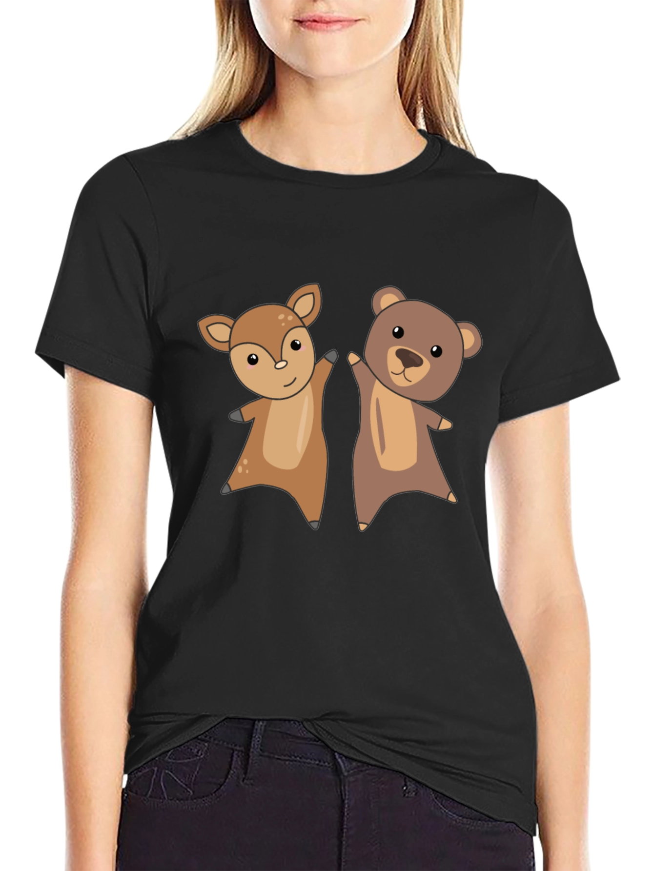 Black Cute Animal Cartoon Graphic T-Shirt view 2