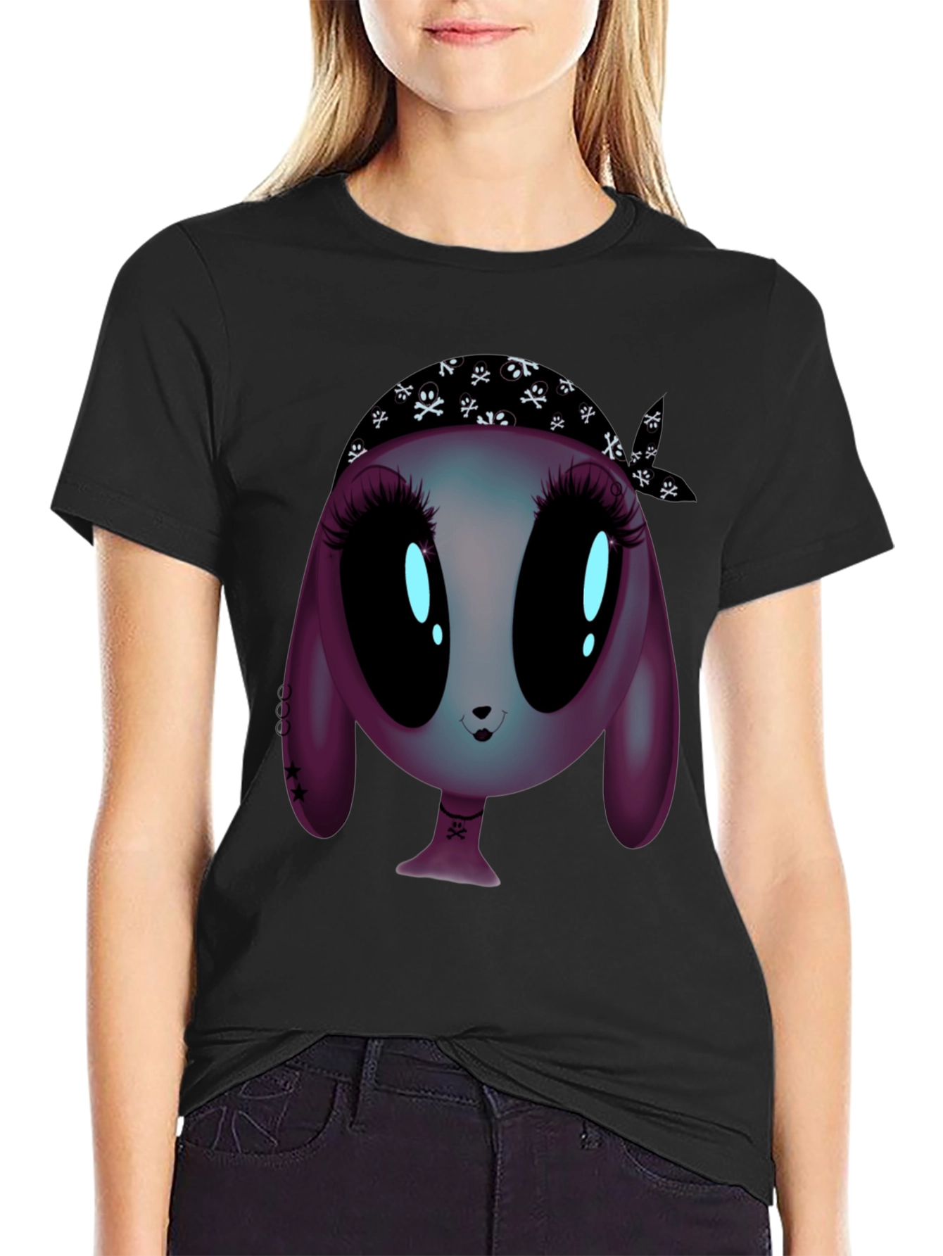 Black Alien Cartoon Graphic Tee - Unisex Black T-Shirt view 2