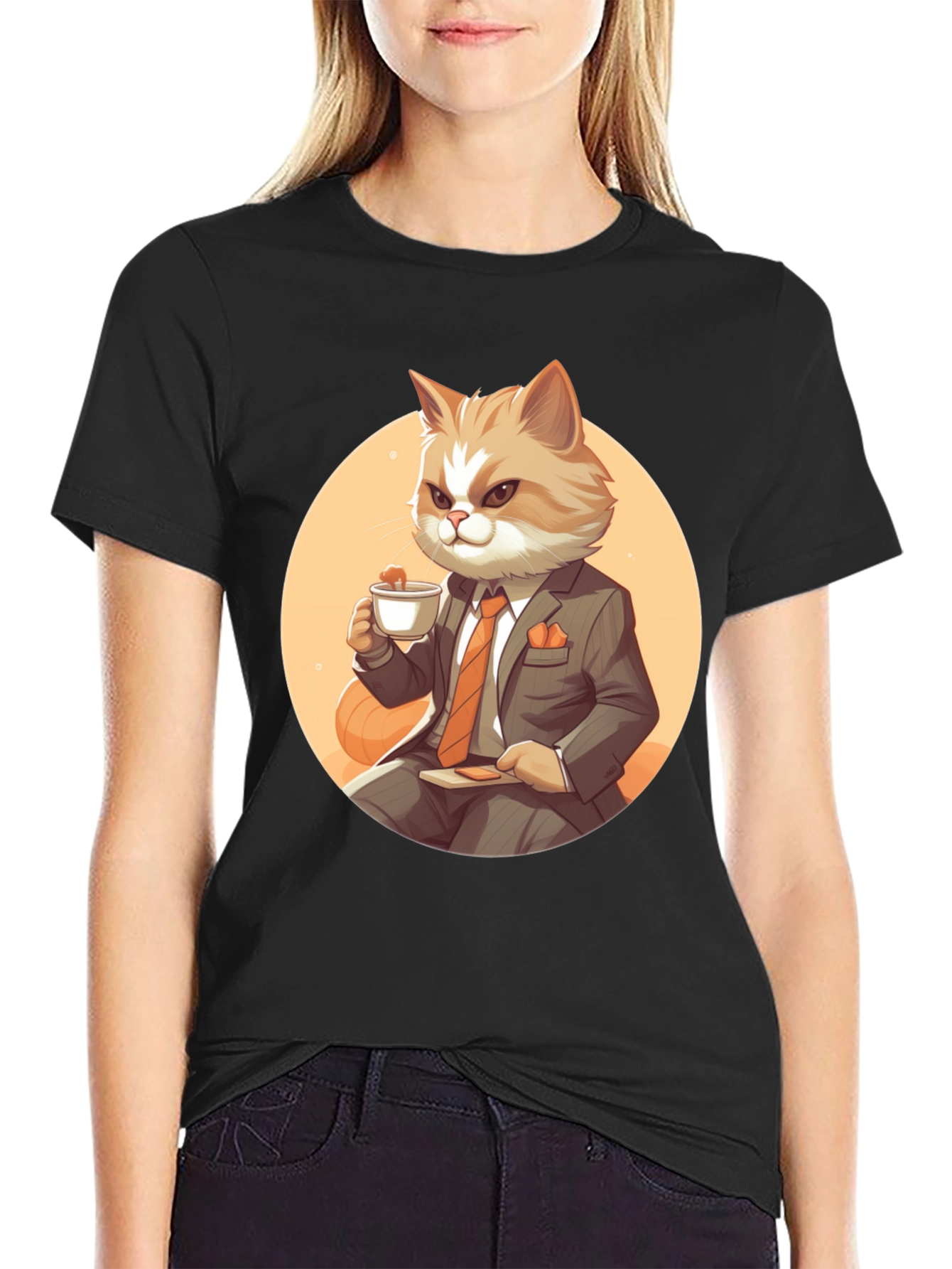 Black Cat Boss T-Shirt: Cartoon Cat in Suit Sipping Tea view 2