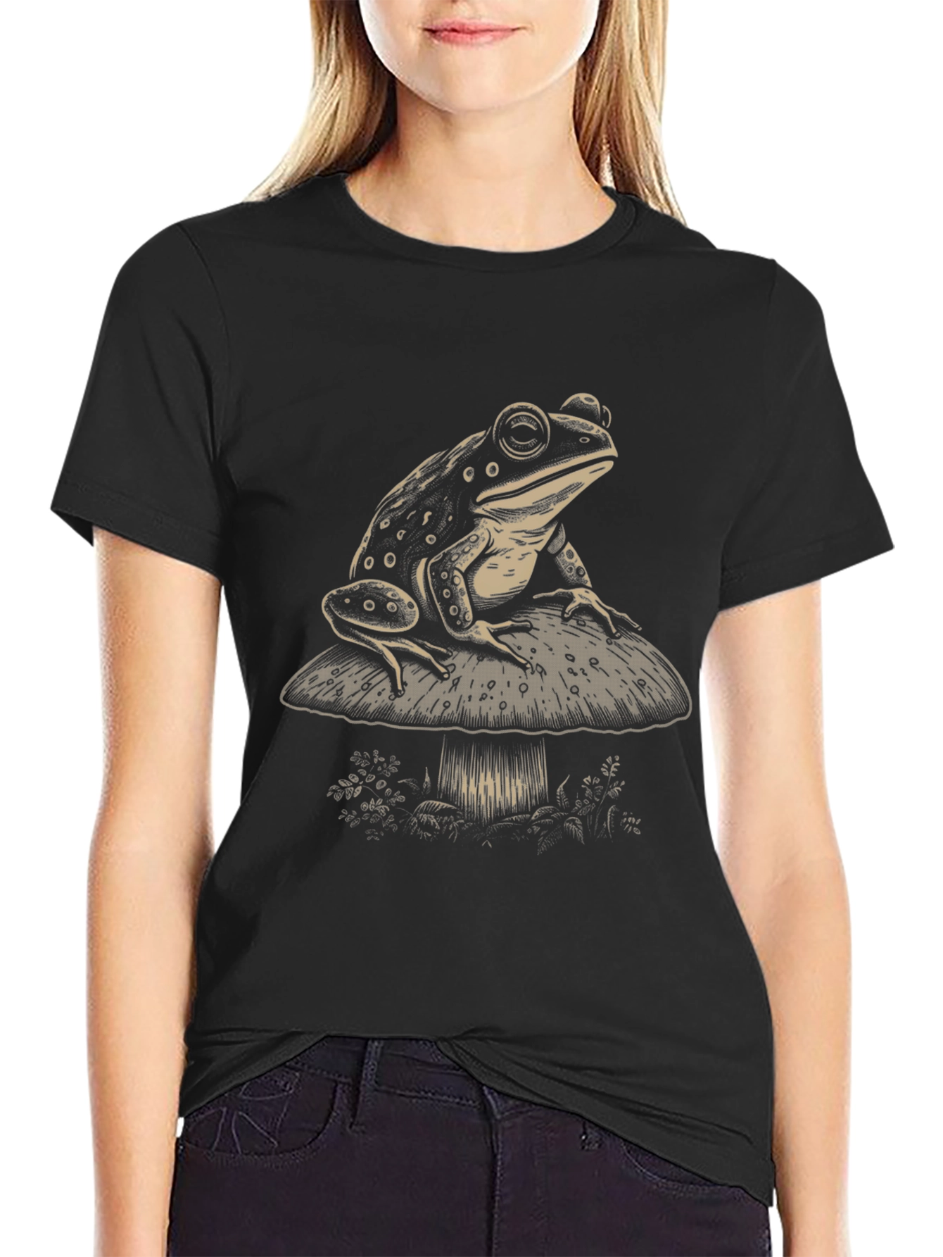 Black Frog on Mushroom Graphic T-Shirt view 2