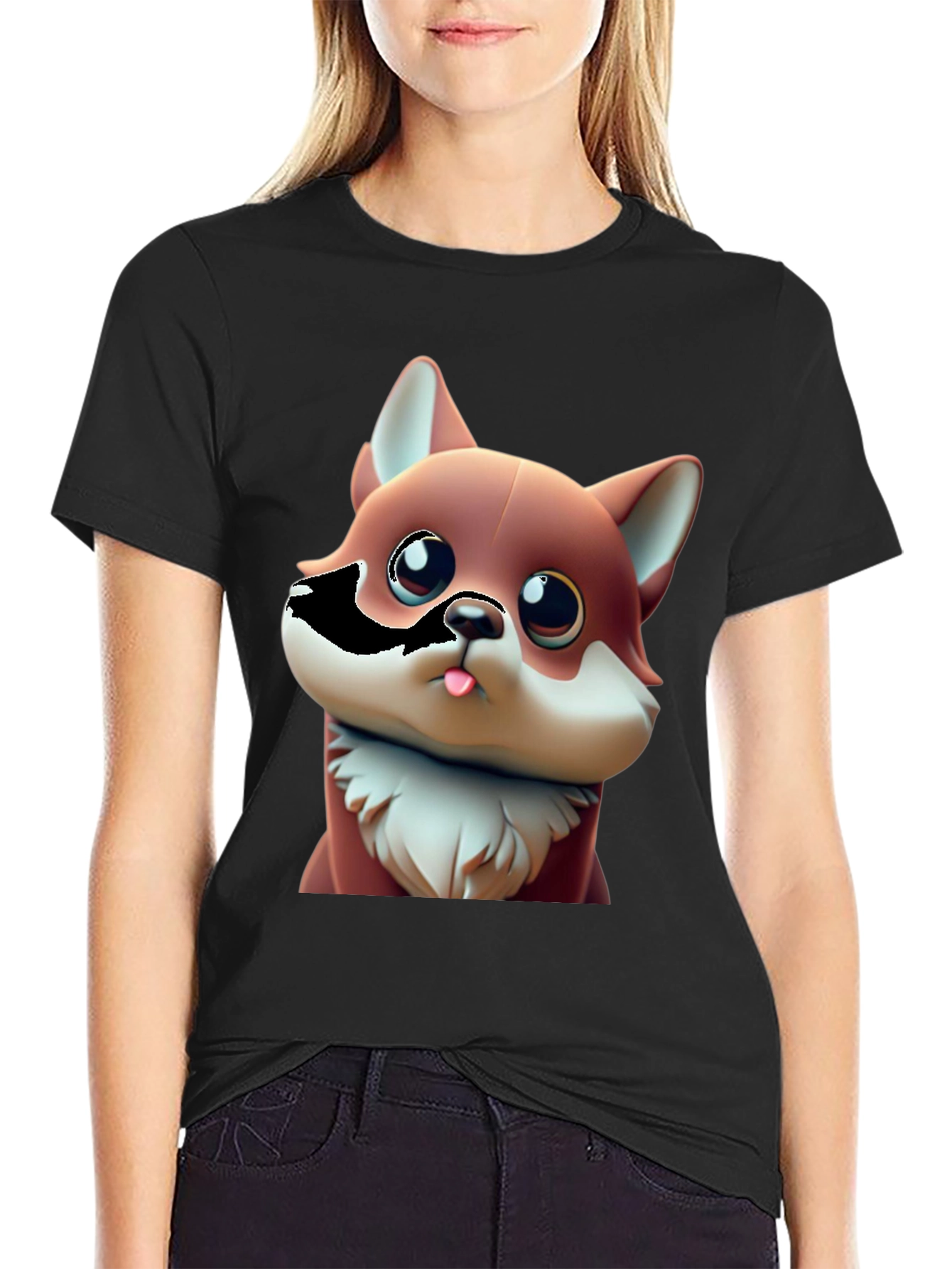 Black Cartoon Fox Black T-Shirt - Cute Animal Tee view 2