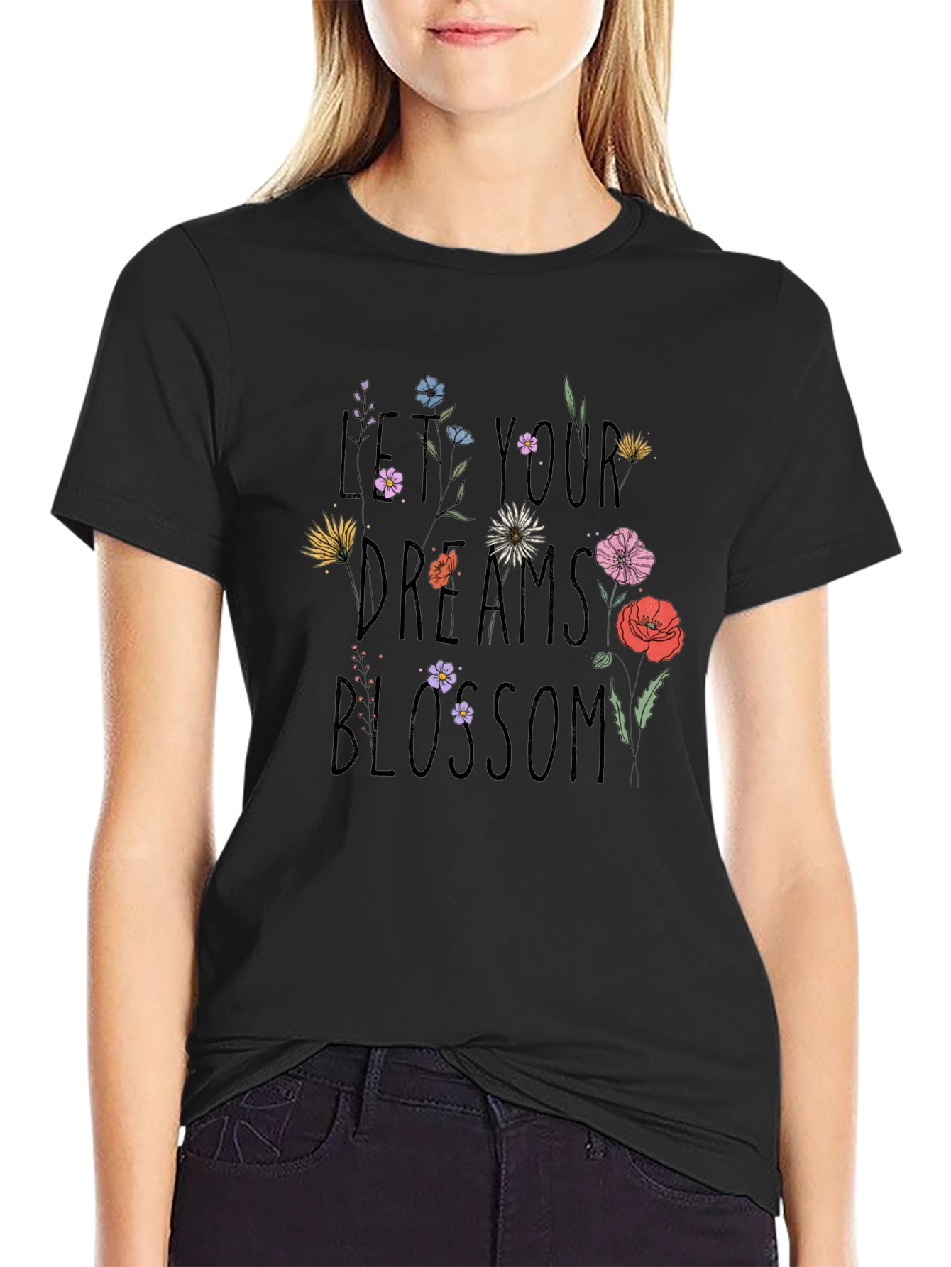Black Floral Dreams Blossom Black T-Shirt view 2
