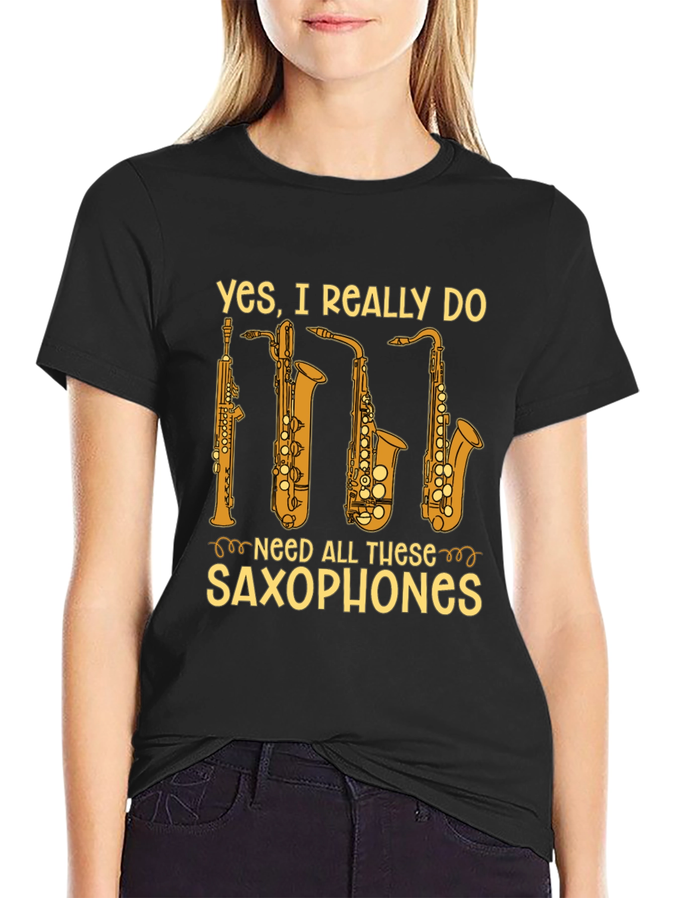 Black Saxophone Lover T-Shirt - Yes, I Need All These Saxophones! view 2