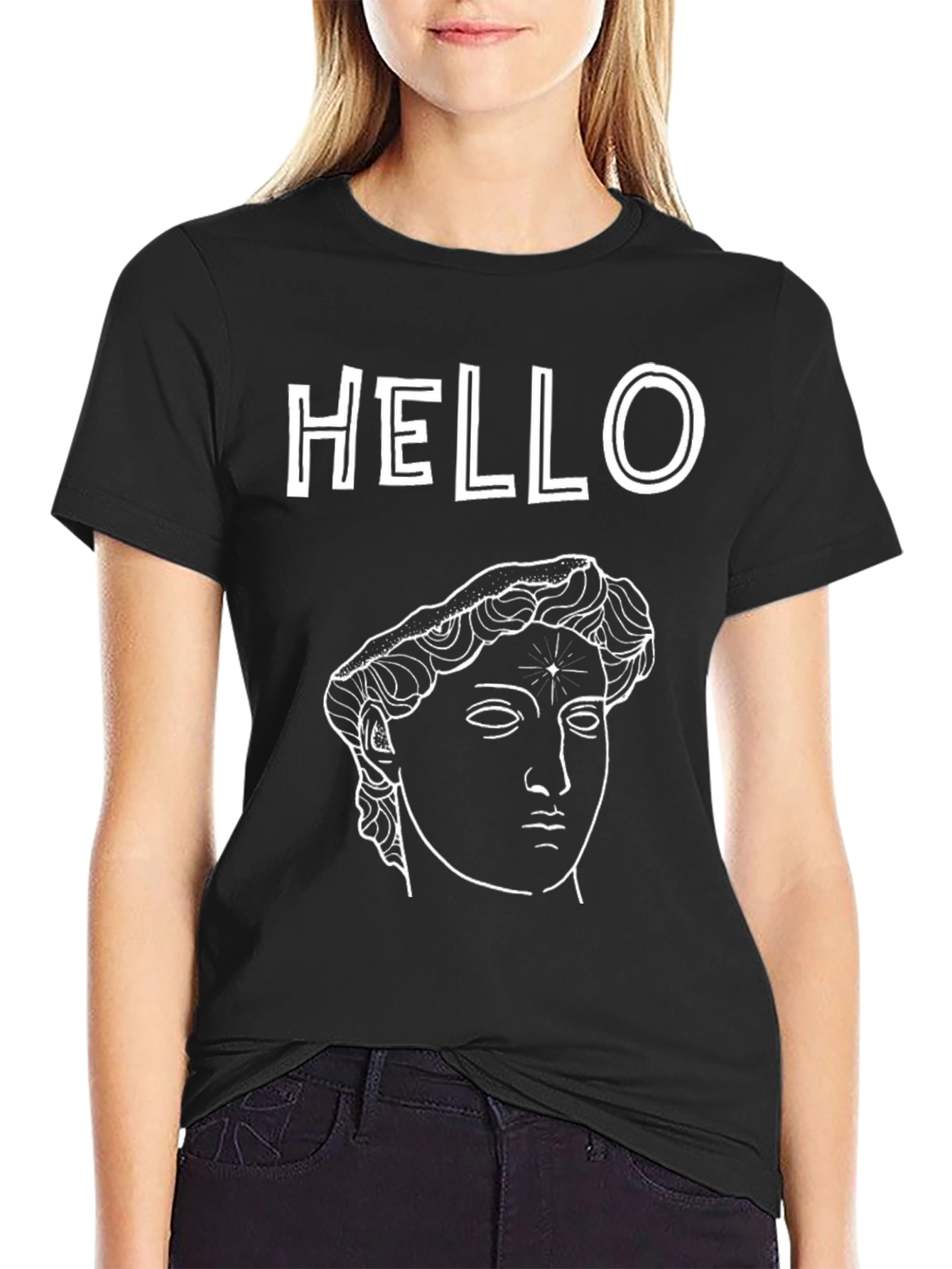 Black Hello Statue Graphic Tee - Trendy Black T-Shirt view 2
