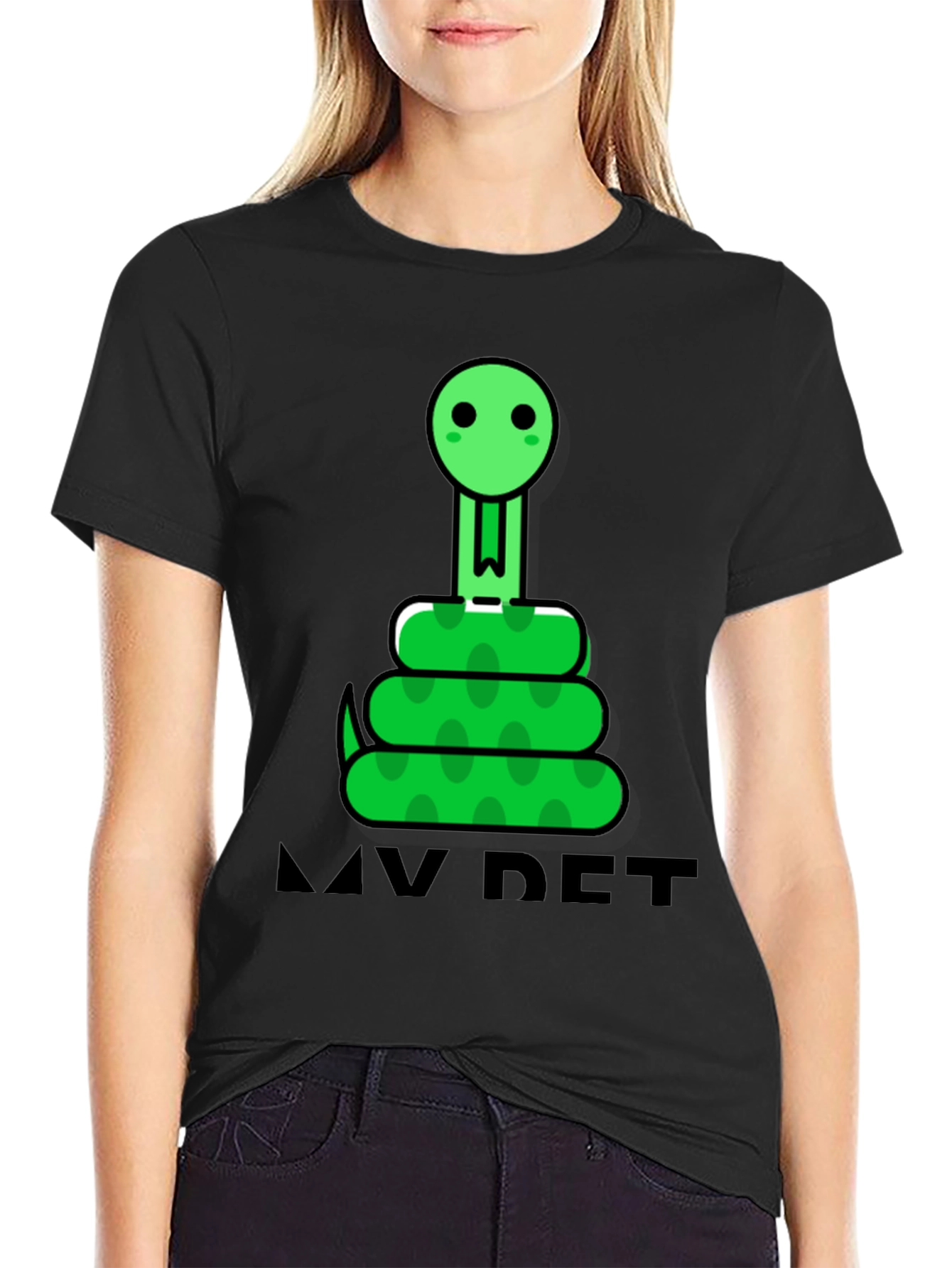 Black Cute Cartoon Snake Graphic Tee - "My Pet" view 2