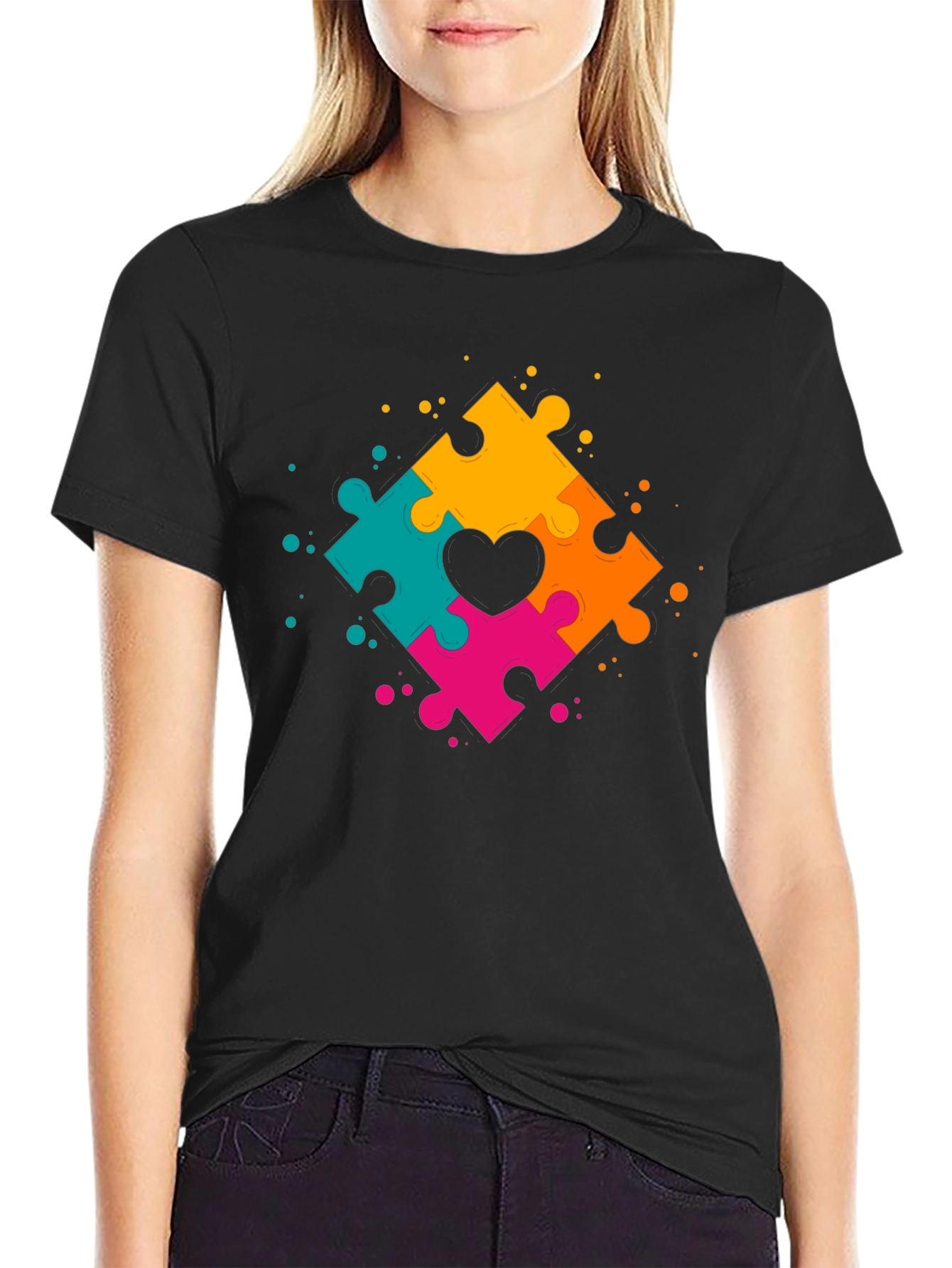 Black Autism Awareness Puzzle Heart T-Shirt view 2