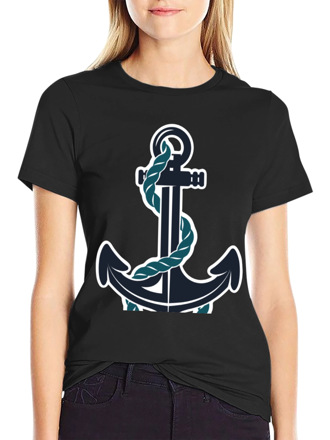 Black Nautical Anchor Graphic Tee - Black Cotton Blend view 2