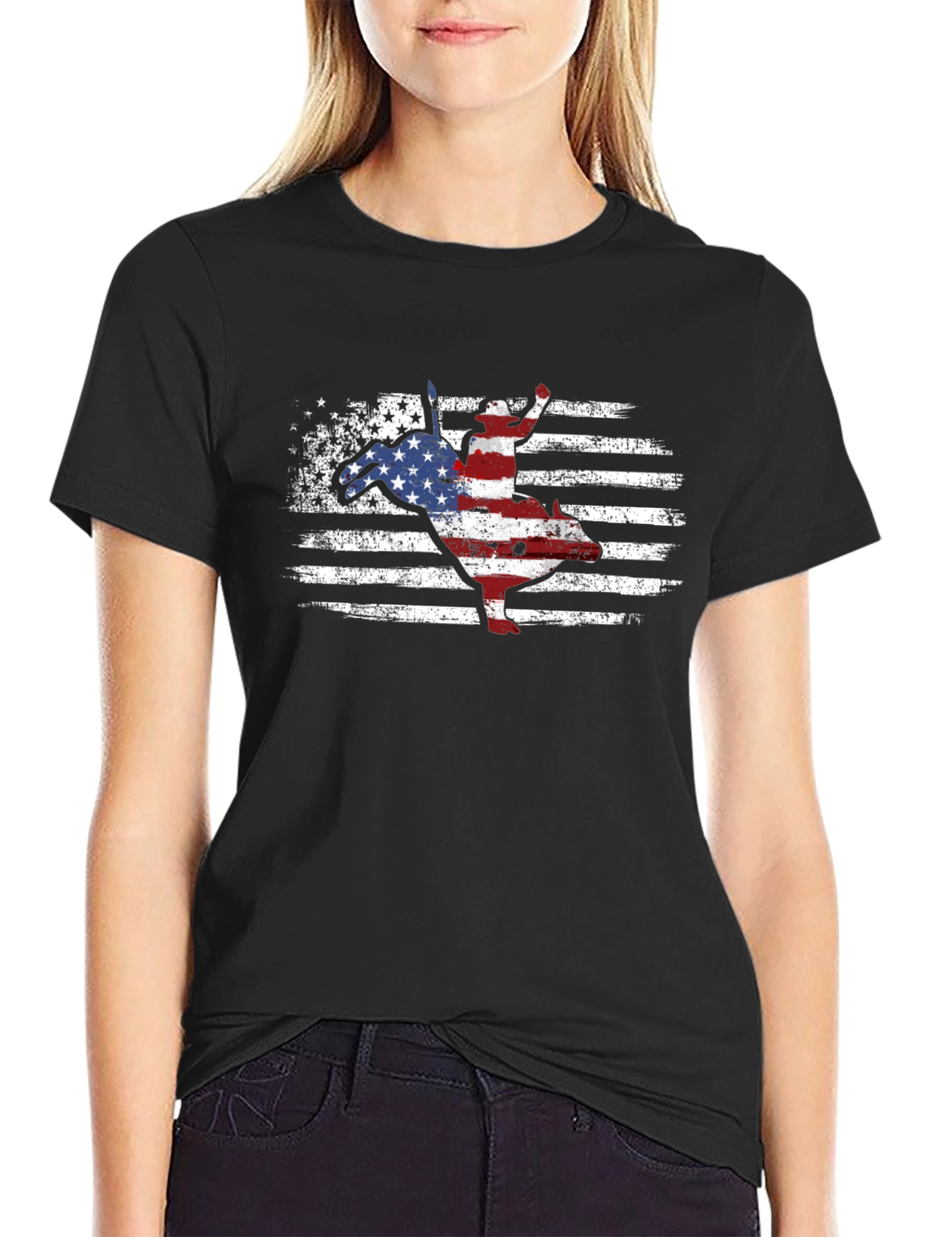 Black American Flag Bull Riding T-Shirt view 2