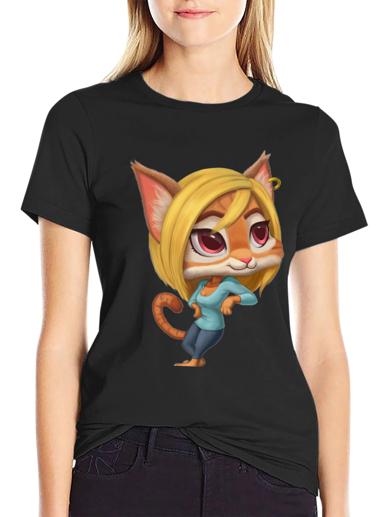 Black Cartoon Cat Girl T-Shirt - Unique Design view 2