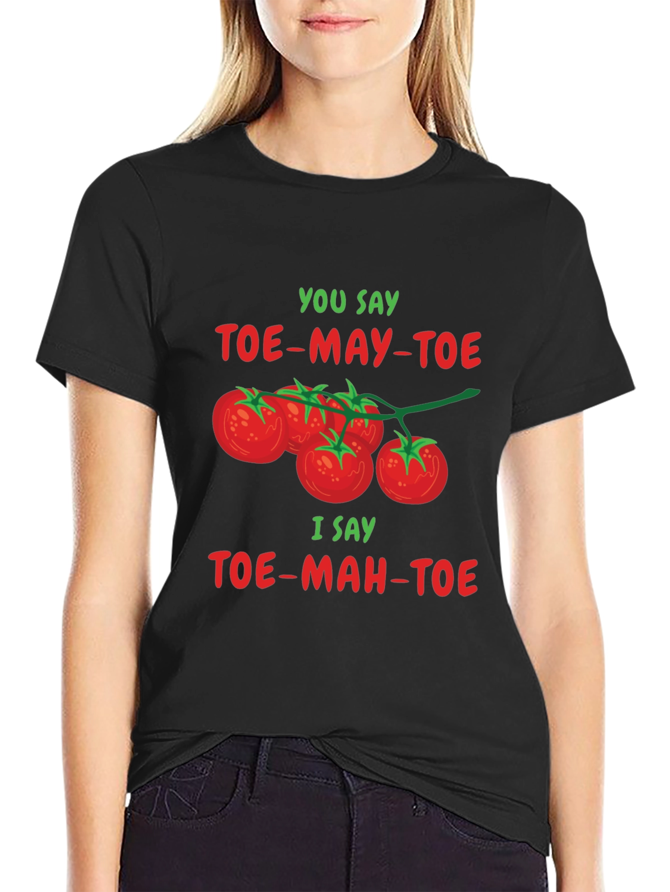 Black Tomato Pun T-Shirt: Toe-may-toe Toe-mah-toe Tee view 2