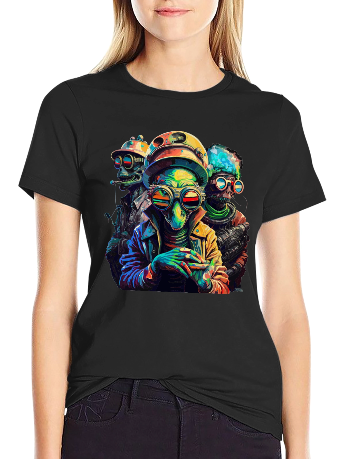 Colorful Alien Crew Graphic Black T-Shirt - 2