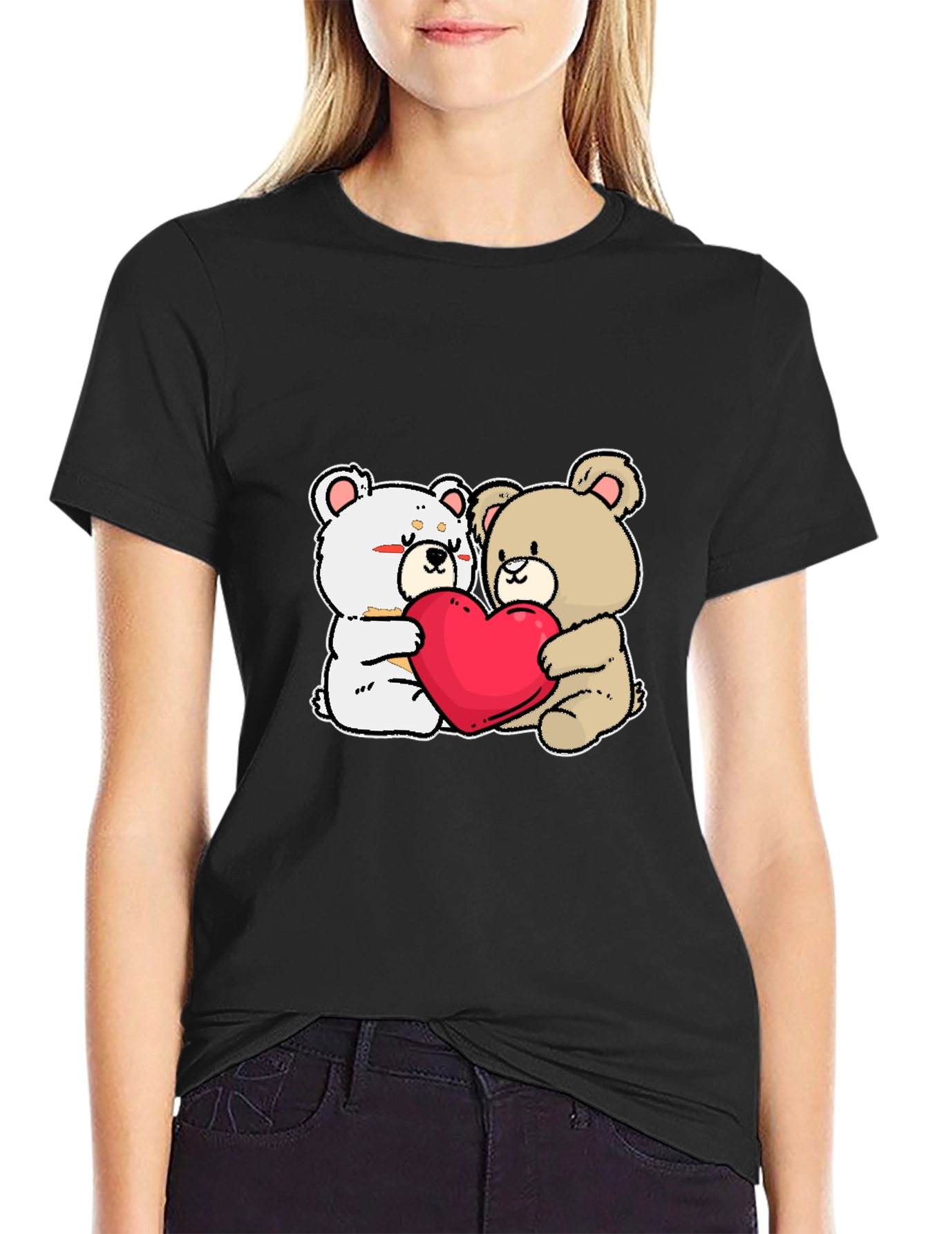Black Cute Bears Hugging Heart T-Shirt view 2