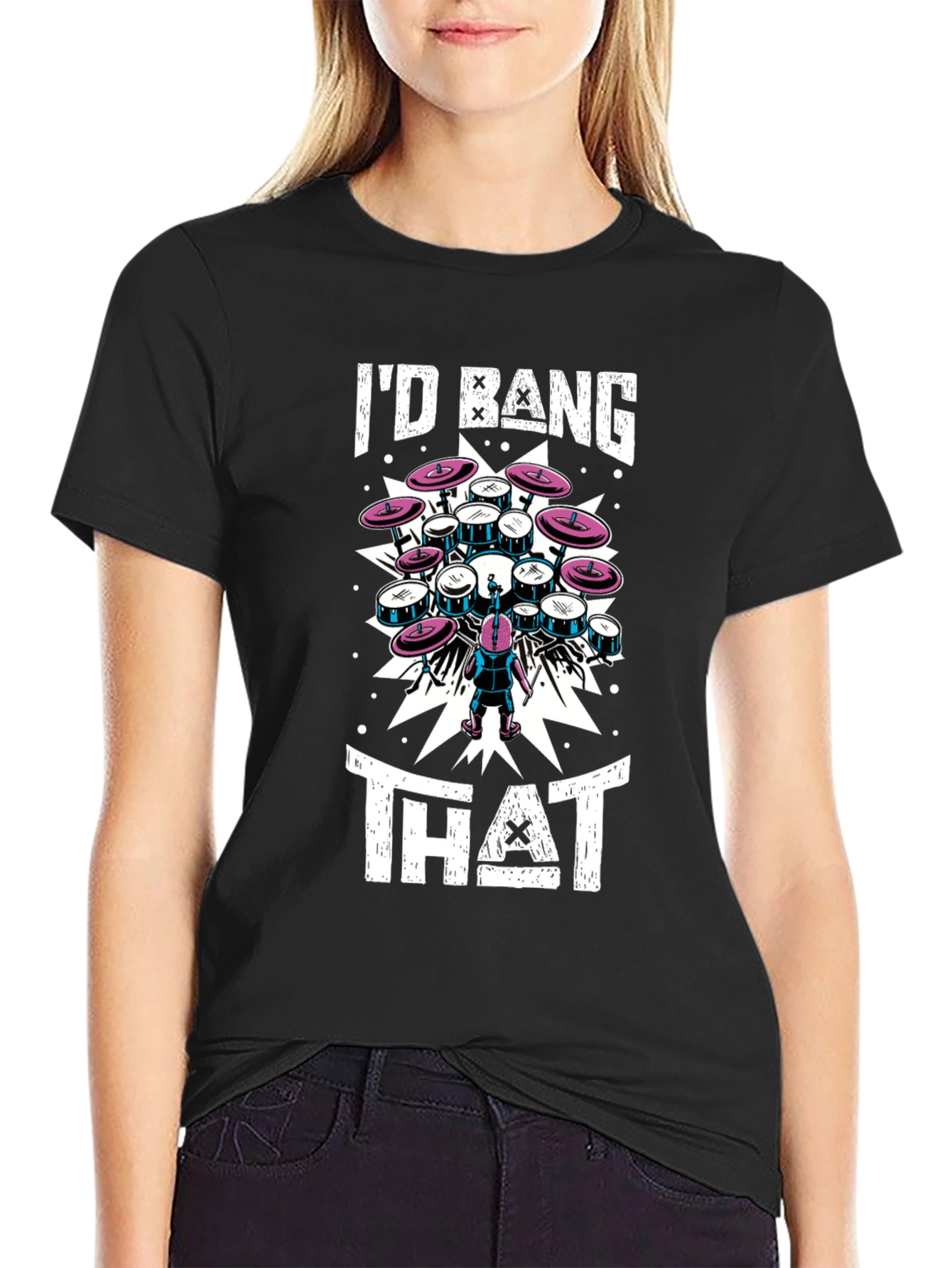Black I'd Bang That Drum Set T-Shirt view 2