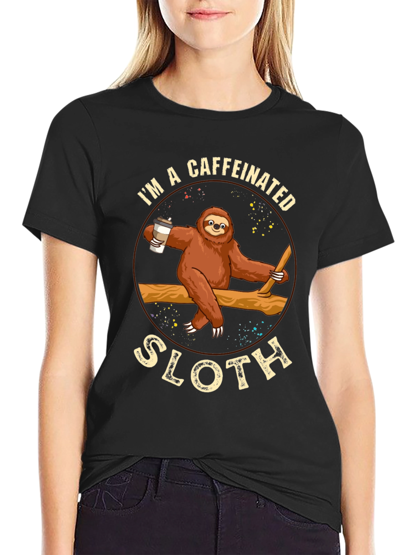 Black Caffeinated Sloth Graphic T-Shirt - Unisex view 2