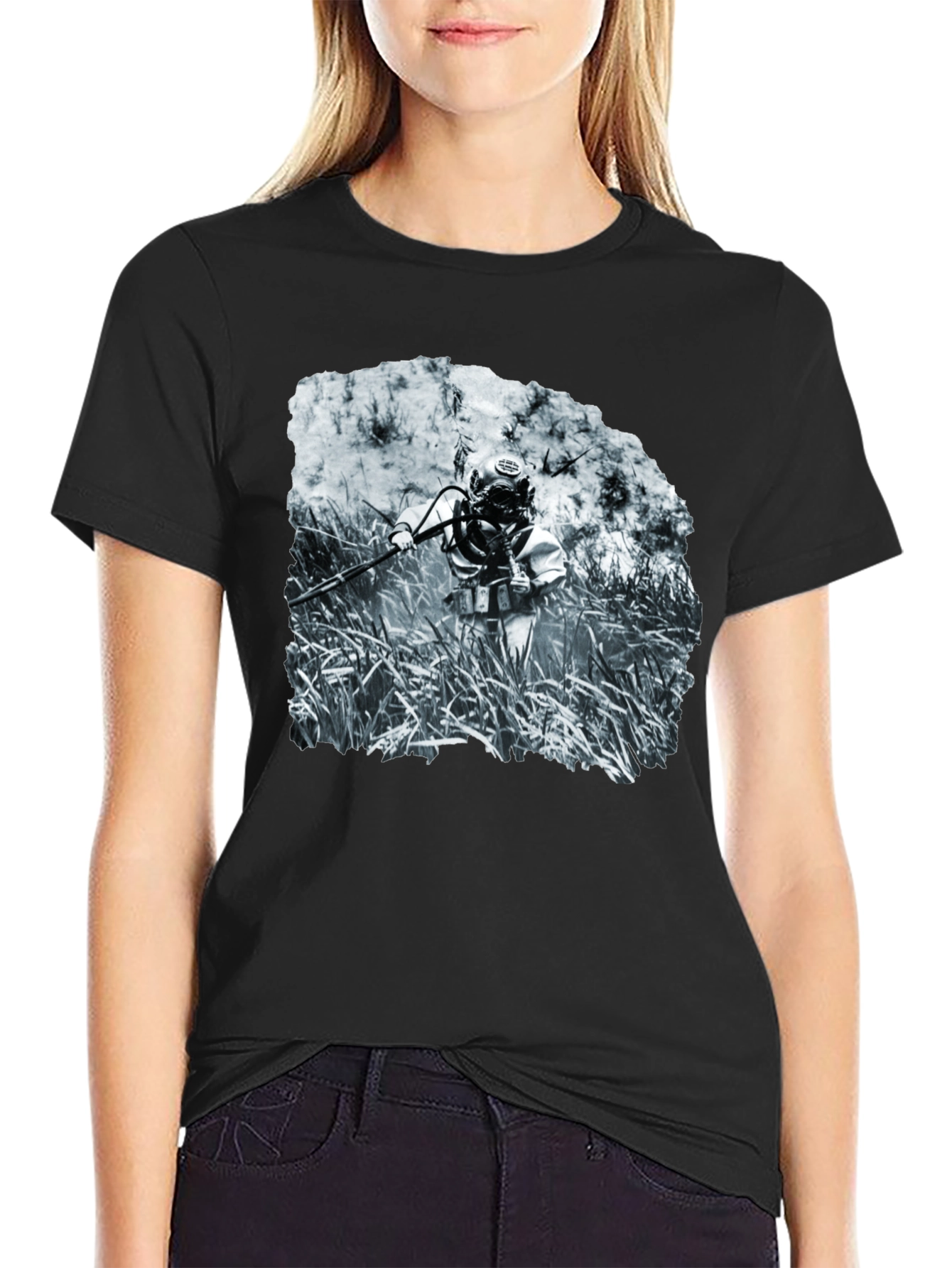 Black Vintage Diver Graphic Tee - Black Crew Neck view 2