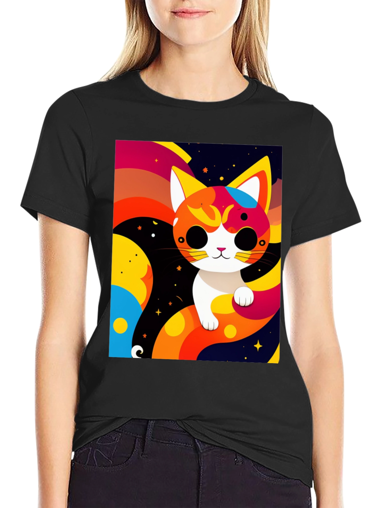 Black Cartoon Cat Graphic Tee - Modern Artistic Design view 2