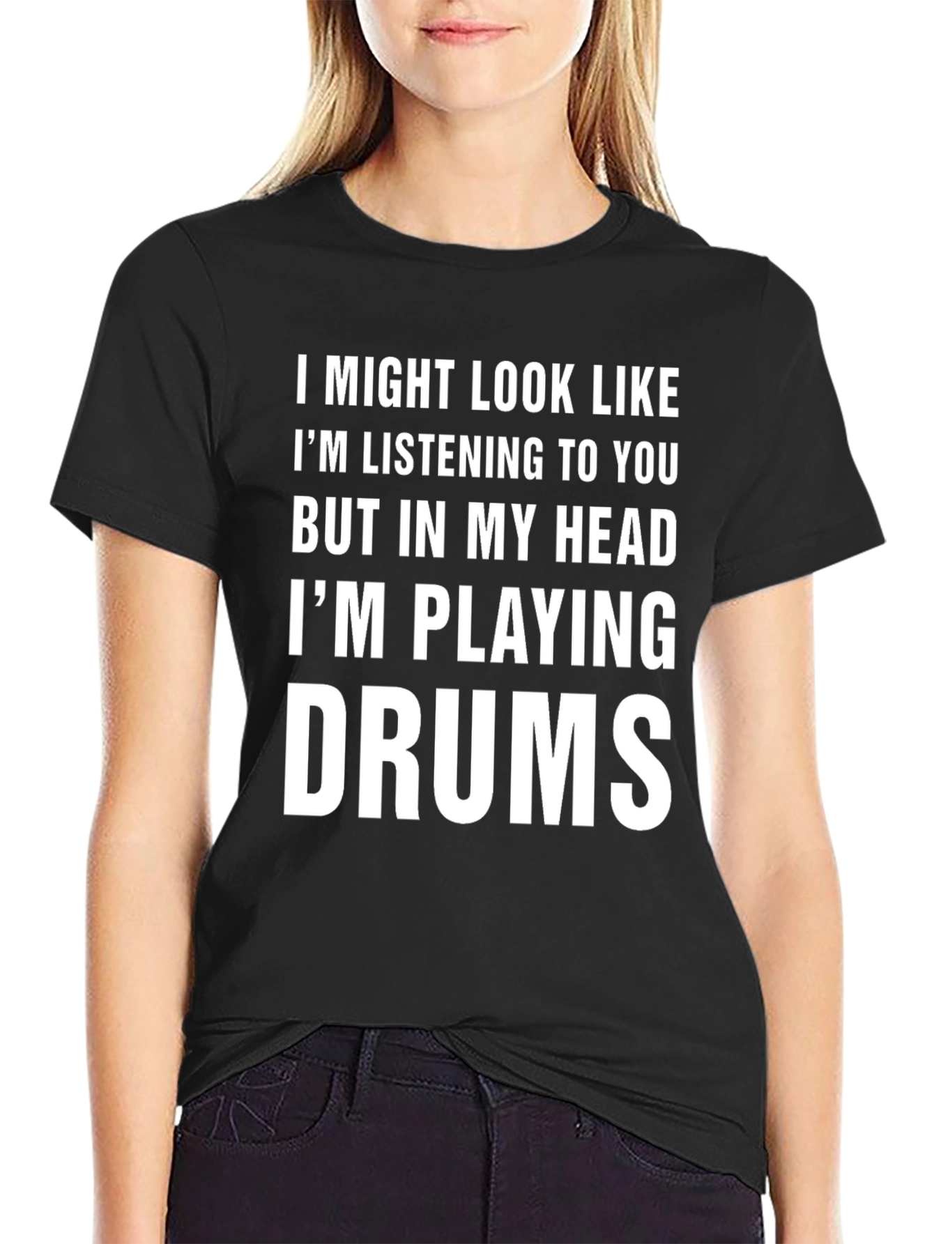 Black Funny Drummer T-Shirt - "I'm Playing Drums" view 2