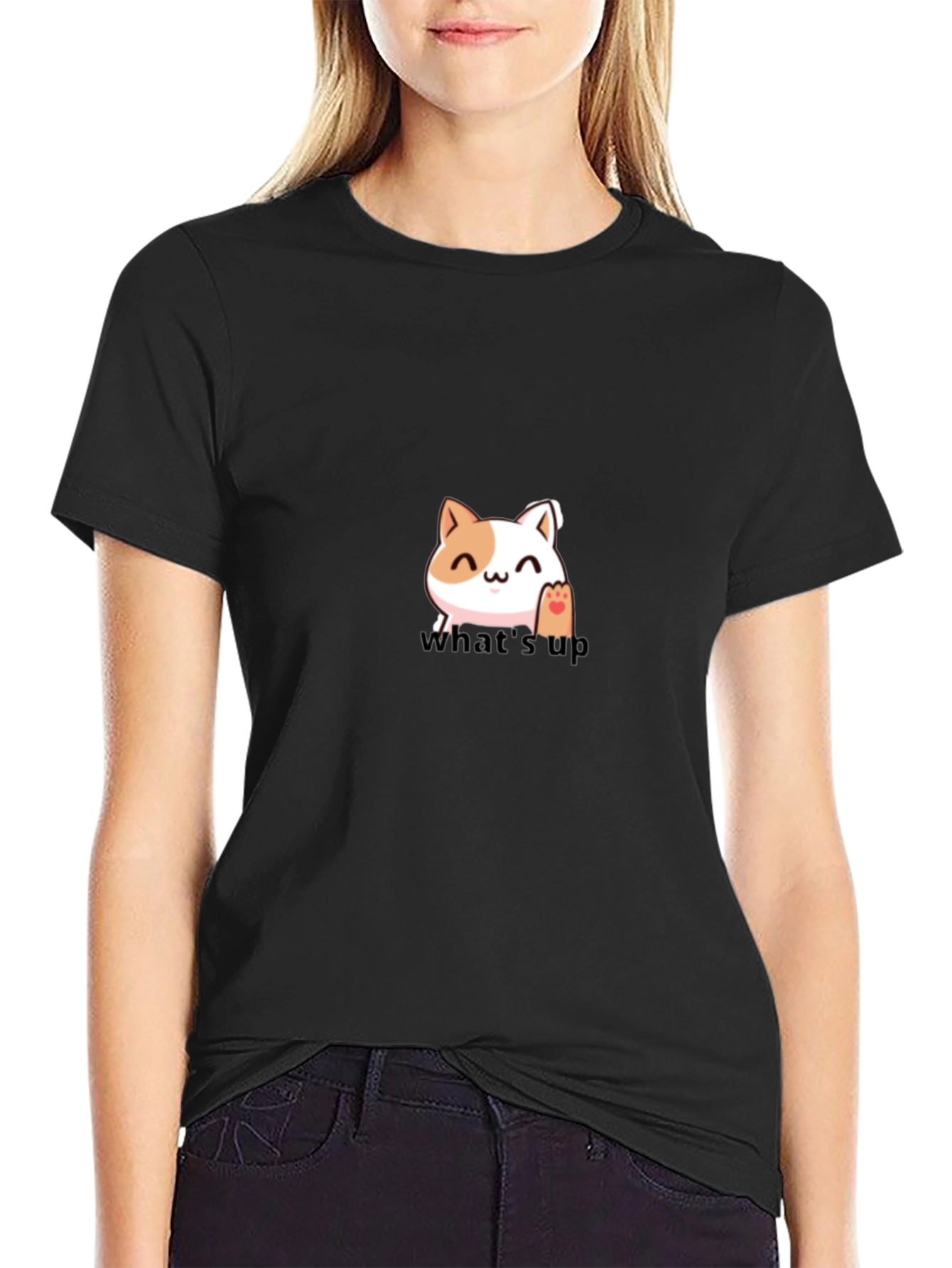 Black Cute Cat "What's Up" Graphic T-Shirt view 2