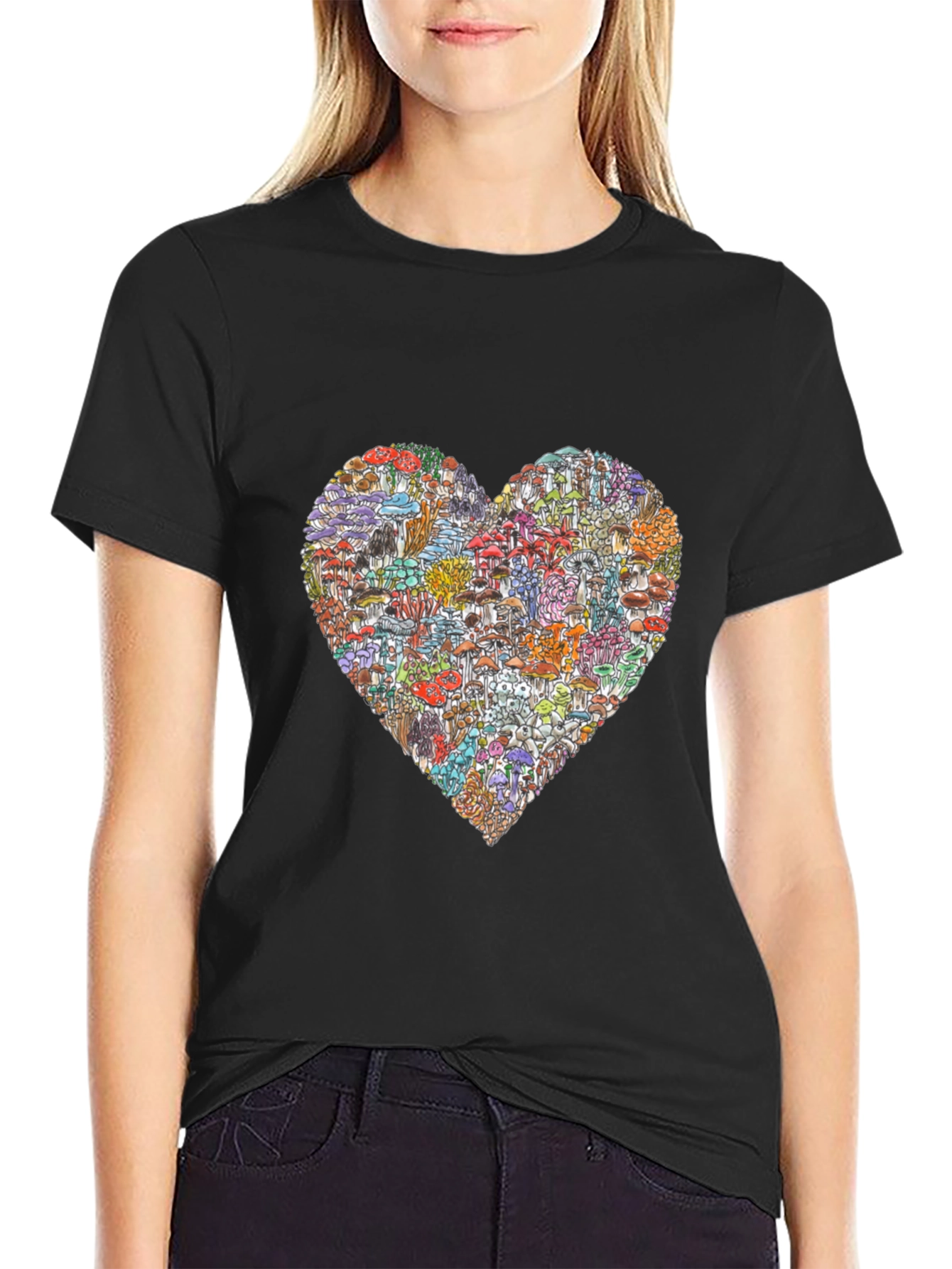 Black Mushroom Heart Graphic T-Shirt - Unique Design view 2