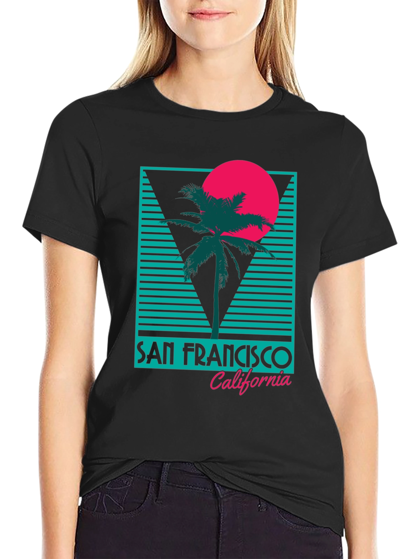 Black Retro San Francisco T-Shirt Palm Tree Sunset Design view 2