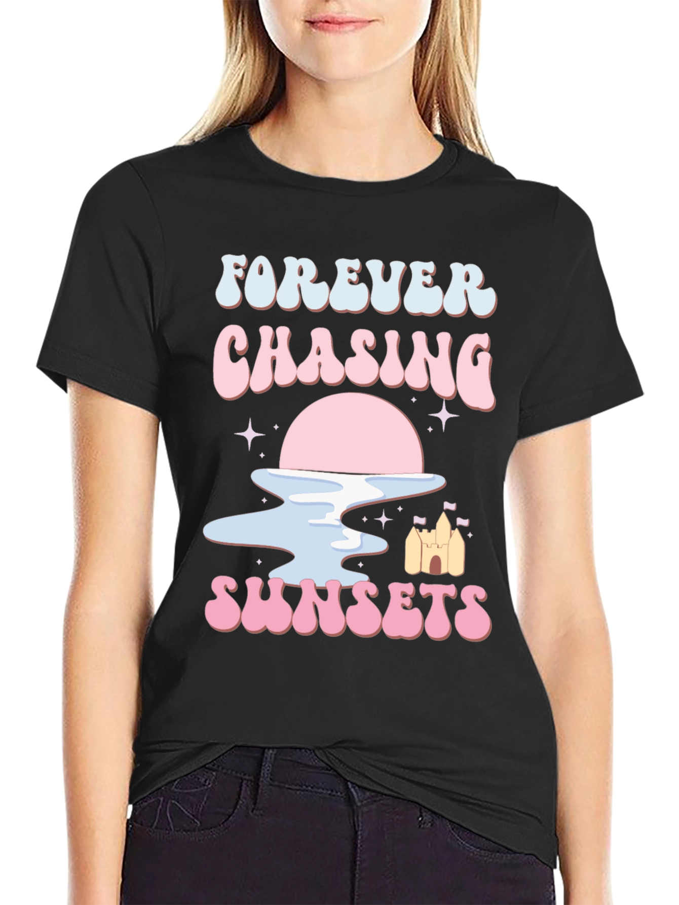 Black Forever Chasing Sunsets Graphic Tee view 2