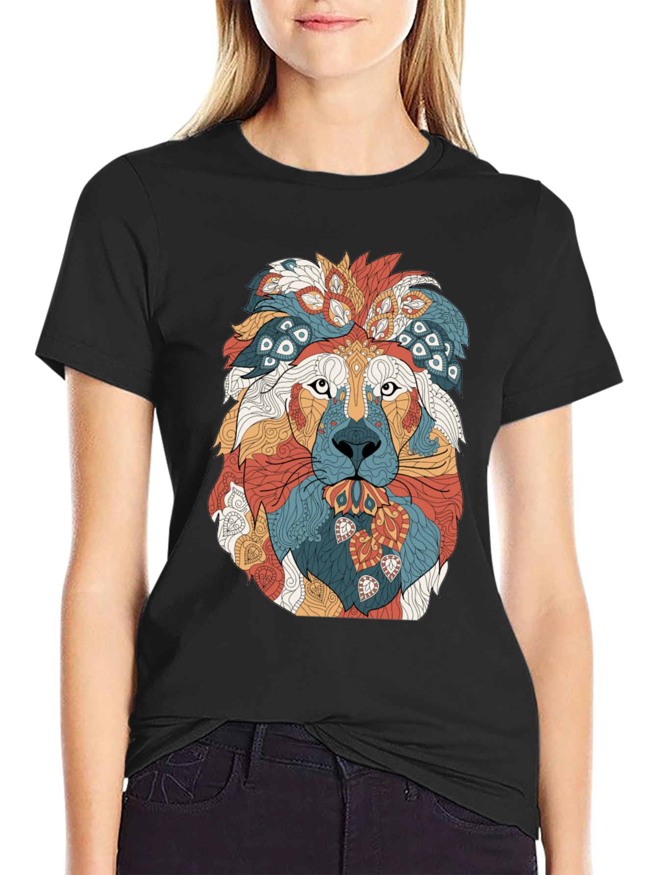 Black Lion Graphic Print Crew Neck T-Shirt - Artistic Design view 2