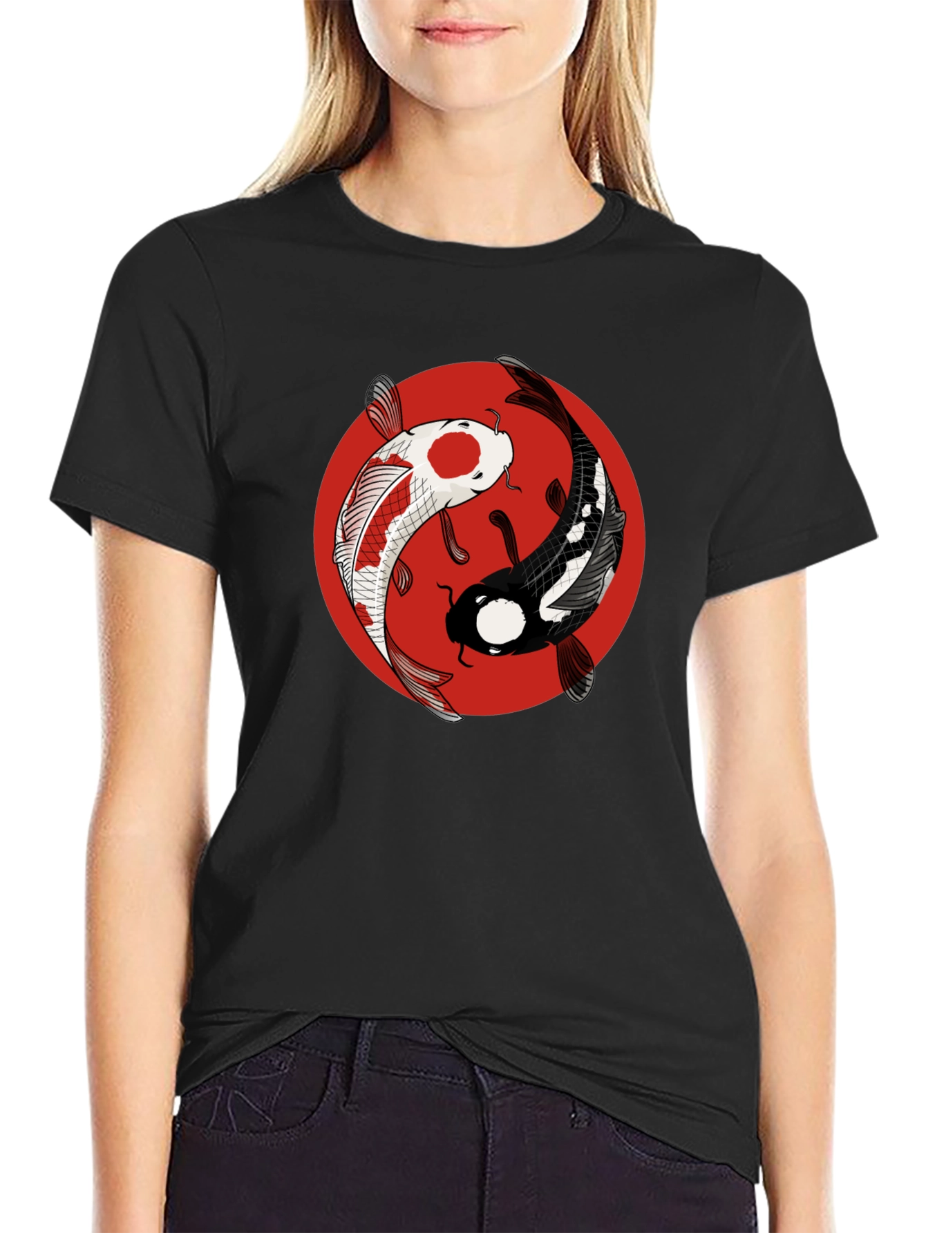 Black Yin Yang Koi Fish Graphic Tee - Black Cotton T-Shirt view 2