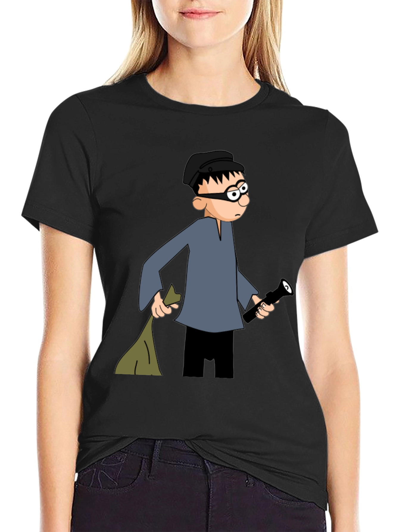 Black Cartoon Burglar Black T-Shirt view 2