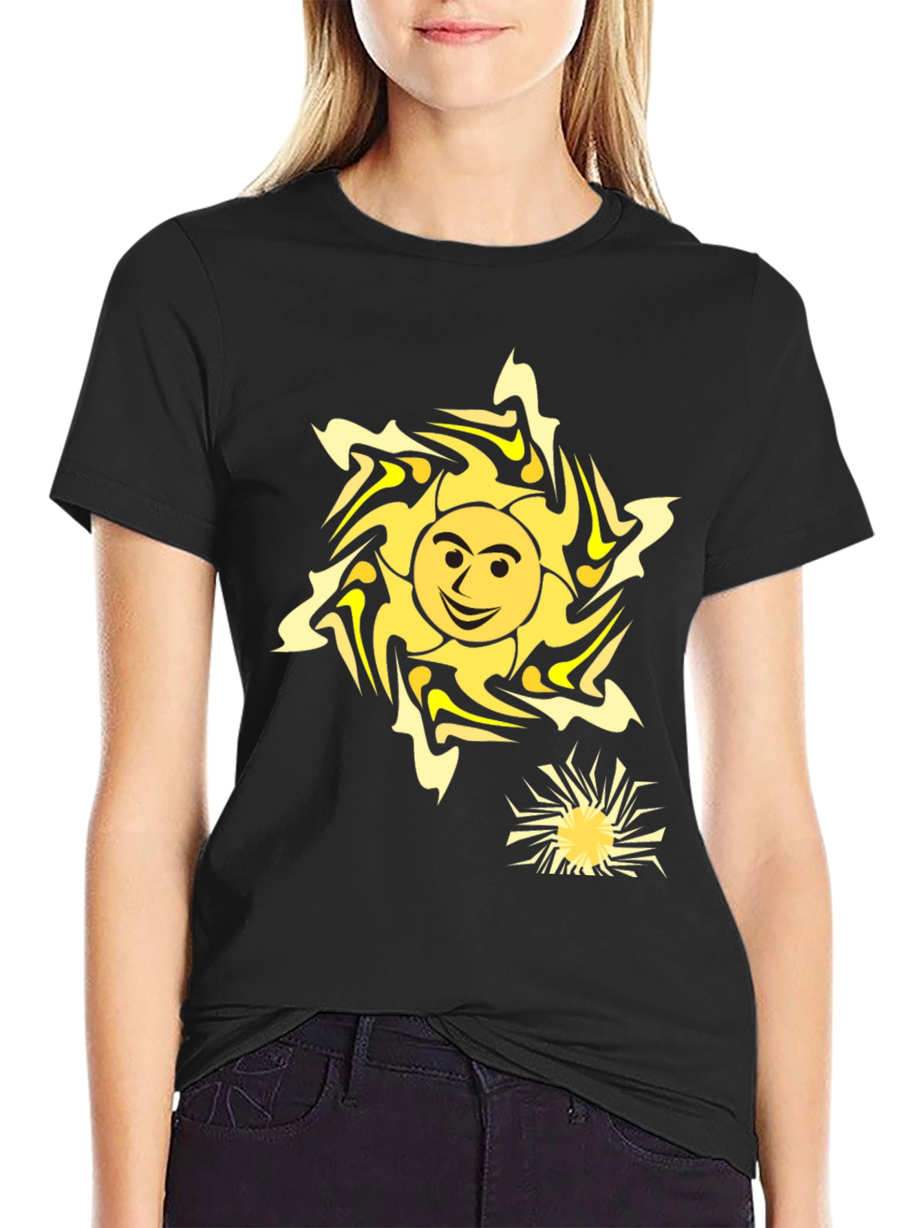 Black Smiling Sun Graphic Tee - Black Cotton Comfort view 2