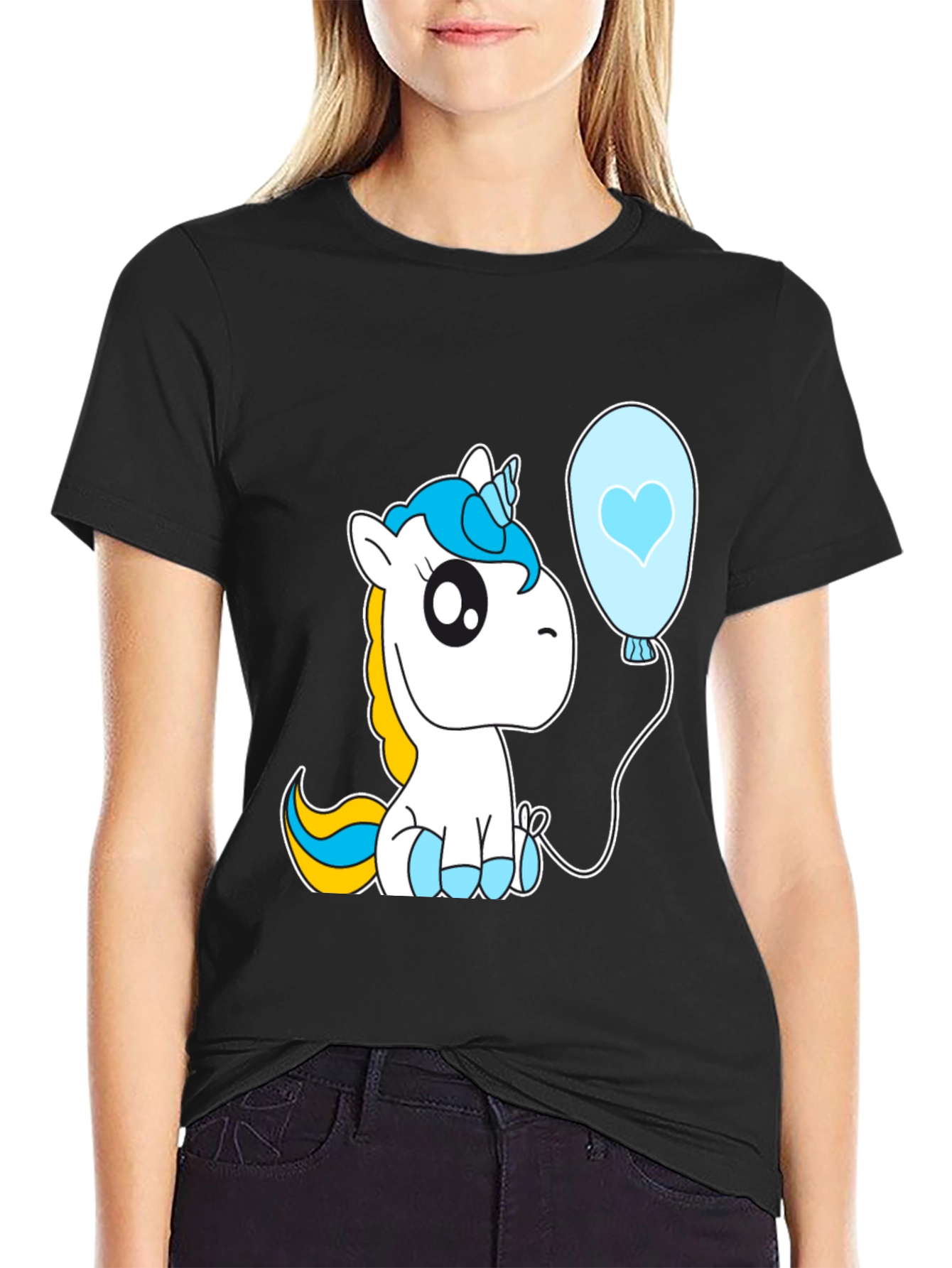 Black Cute Unicorn Balloon Graphic T-Shirt - Black view 2