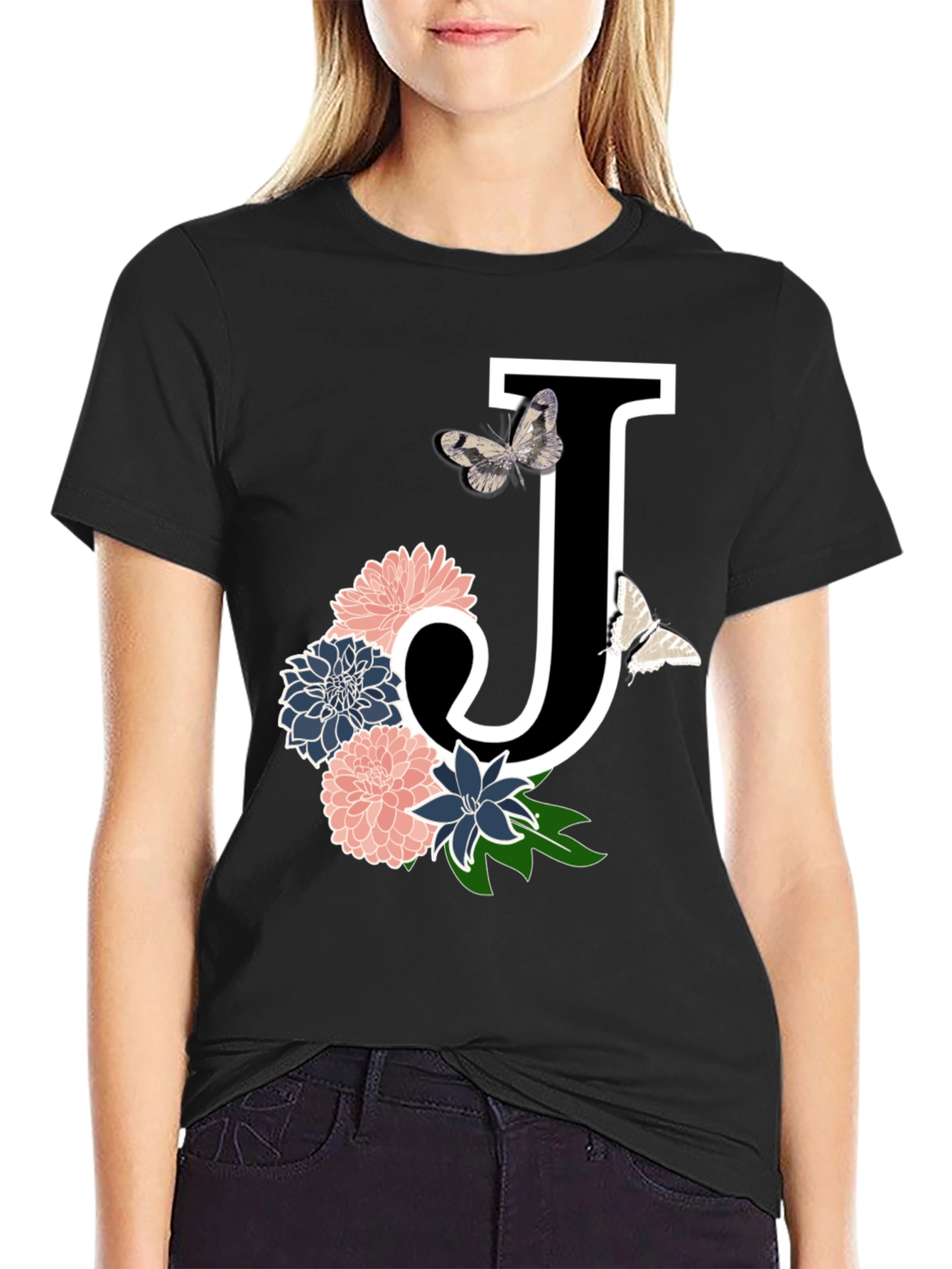 Black Floral Letter J T-Shirt view 2