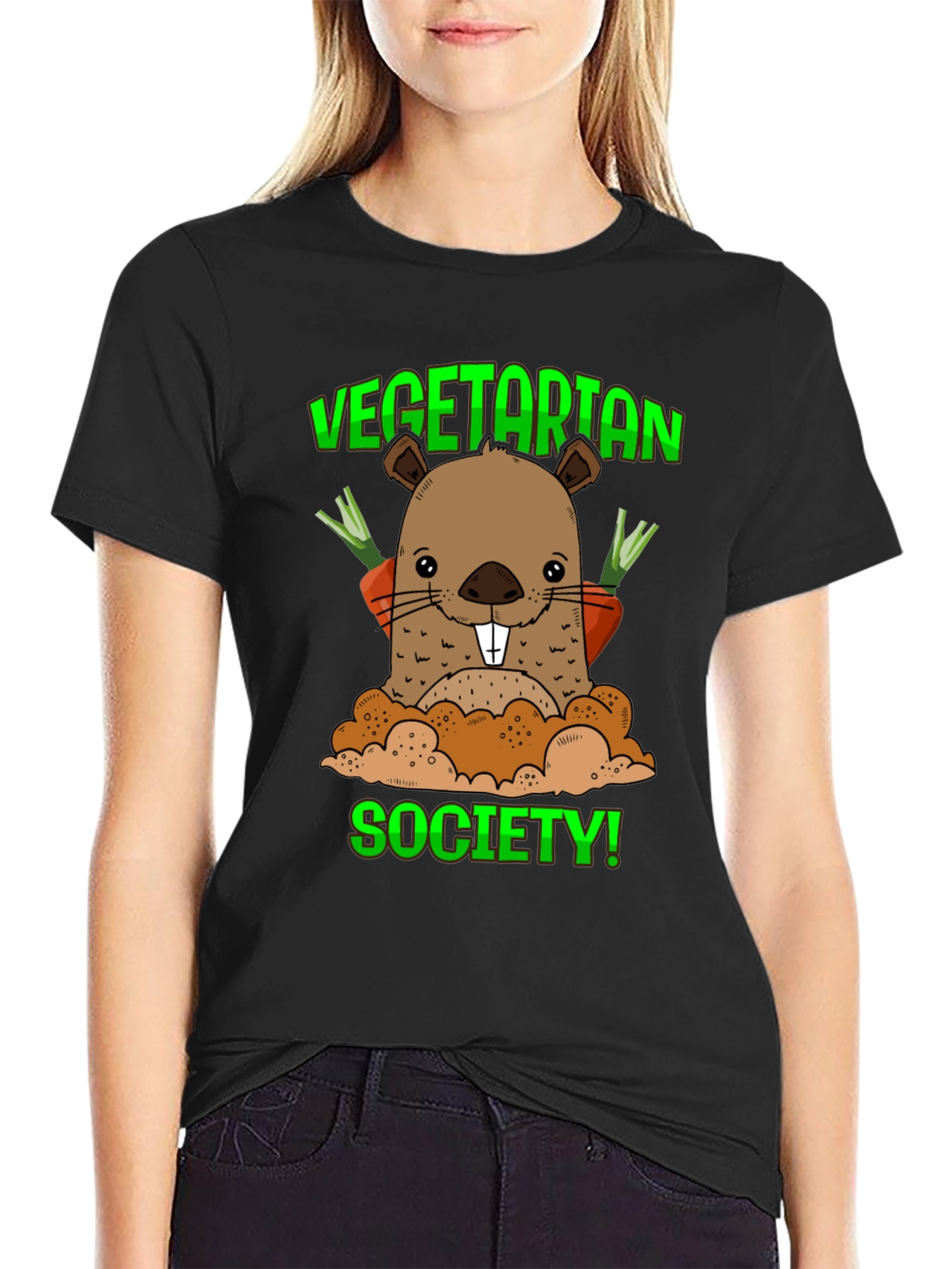Black Vegetarian Society T-Shirt with Groundhog Graphic view 2