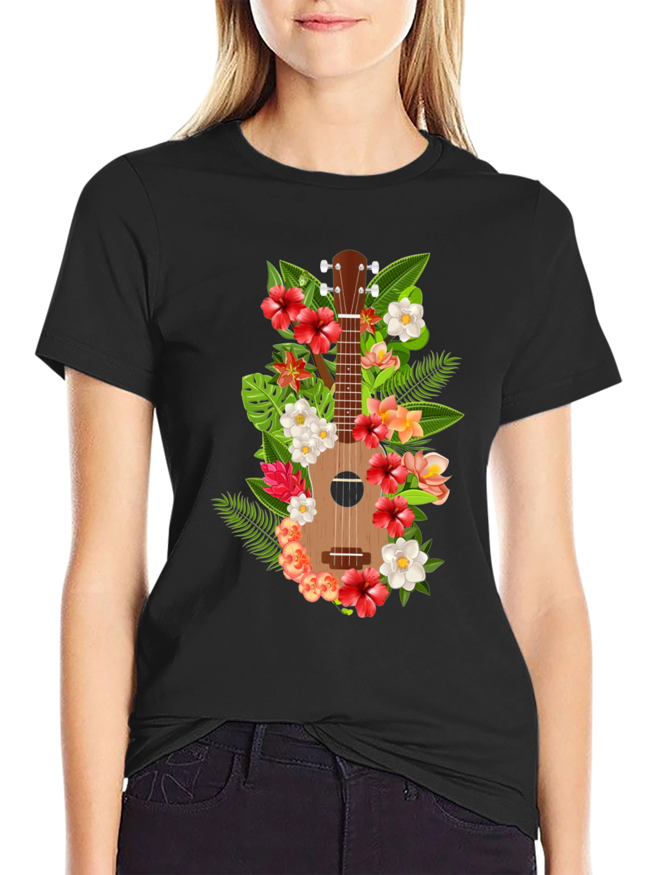 Black Floral Ukulele Black T-Shirt view 2