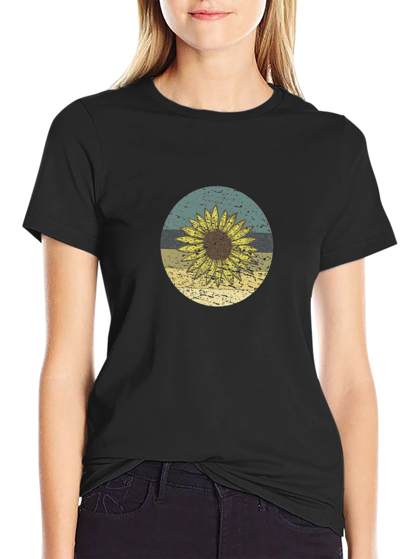 Black Sunflower Graphic Tee - Black Cotton T-Shirt view 2
