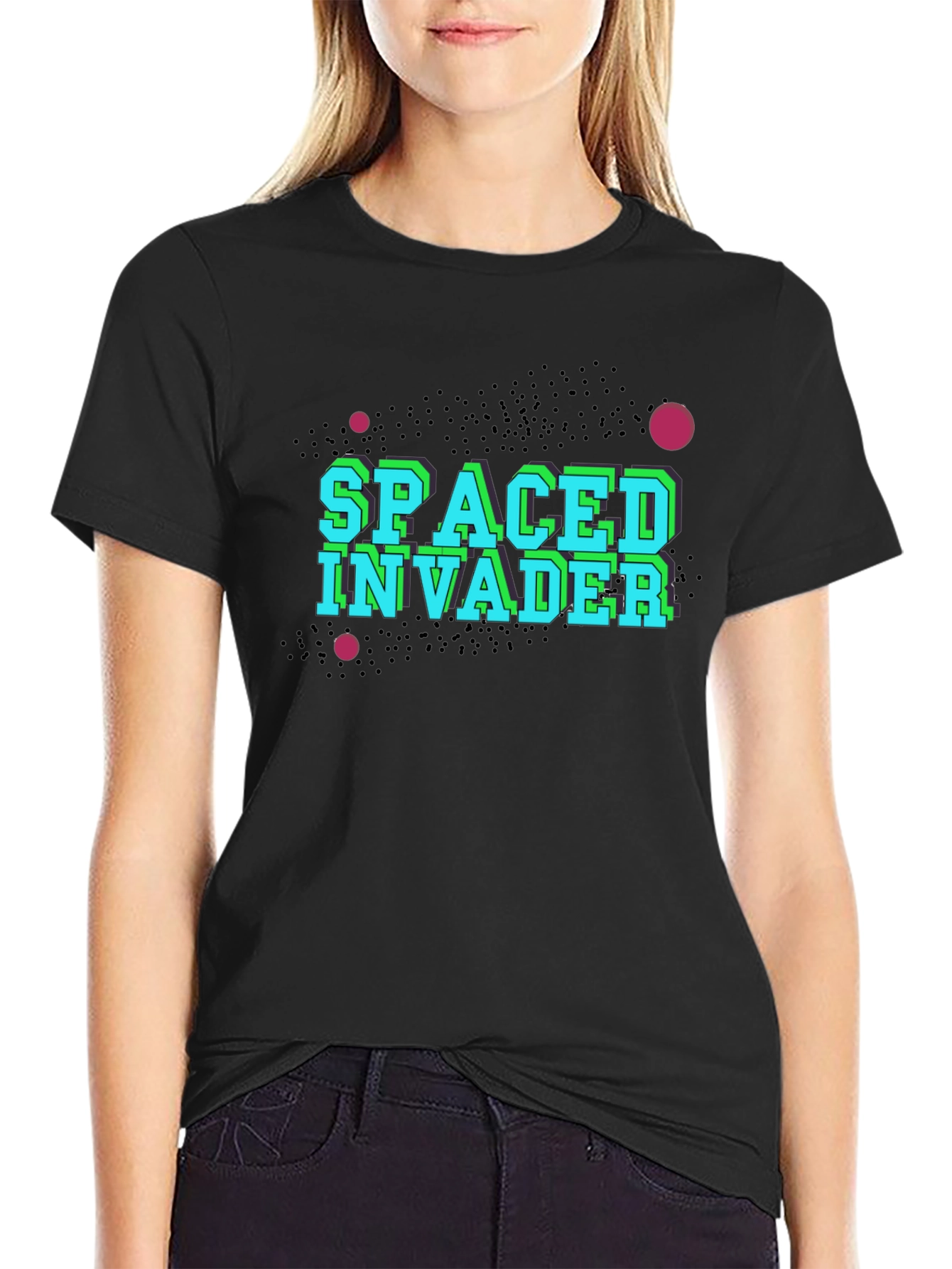 Black Spaced Invader Black T-Shirt - Retro Gaming view 2