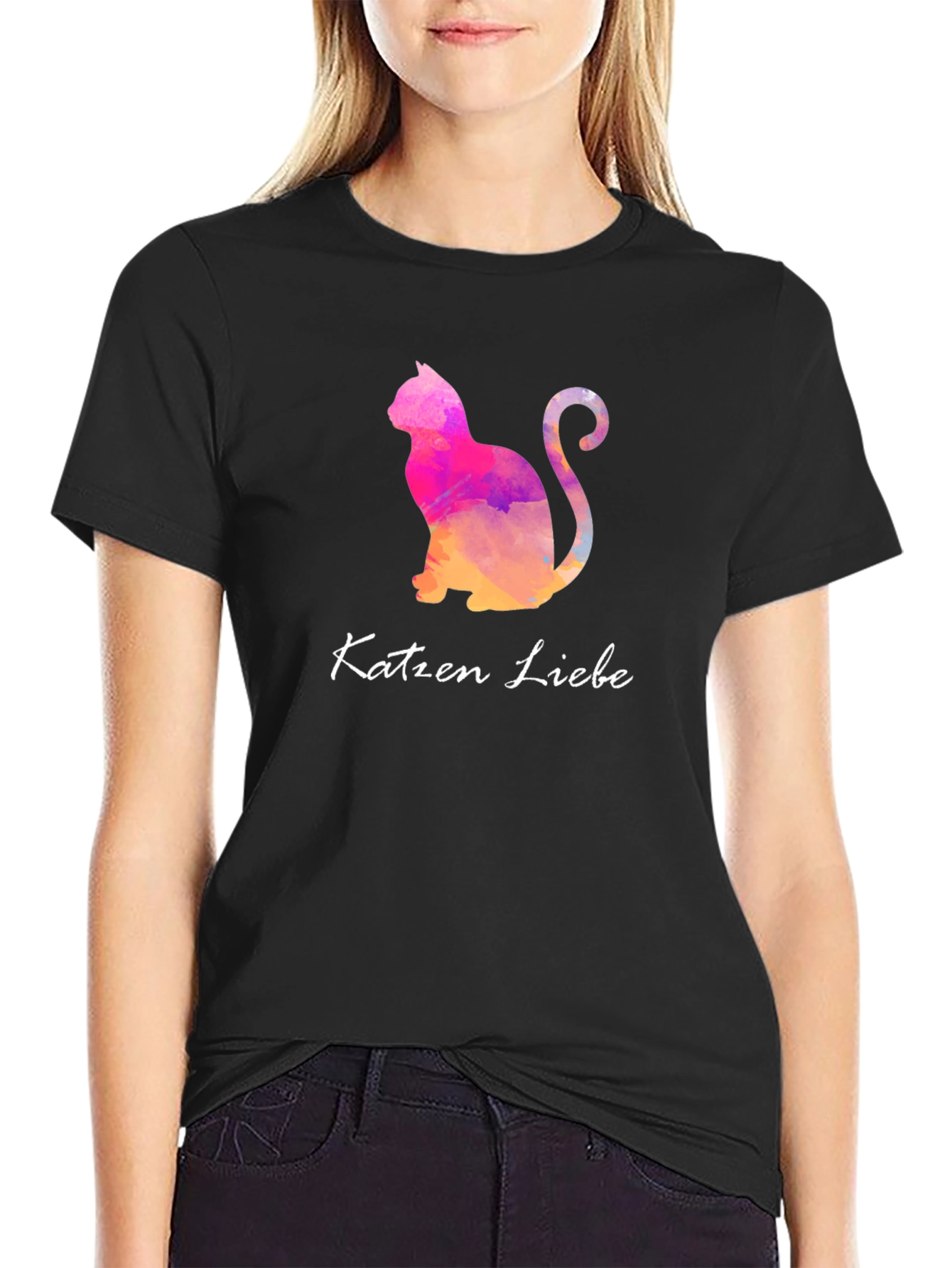Black Cat Lover T-Shirt - Katzen Liebe Watercolor view 2