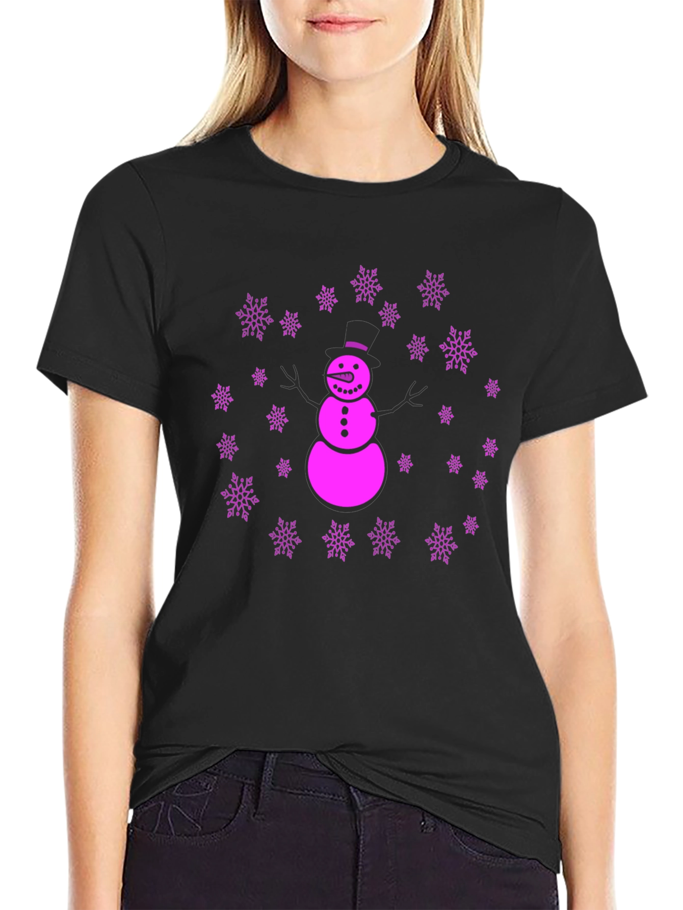 Black Snowman Snowflake Graphic T-Shirt - Fun Winter Holiday Apparel view 2