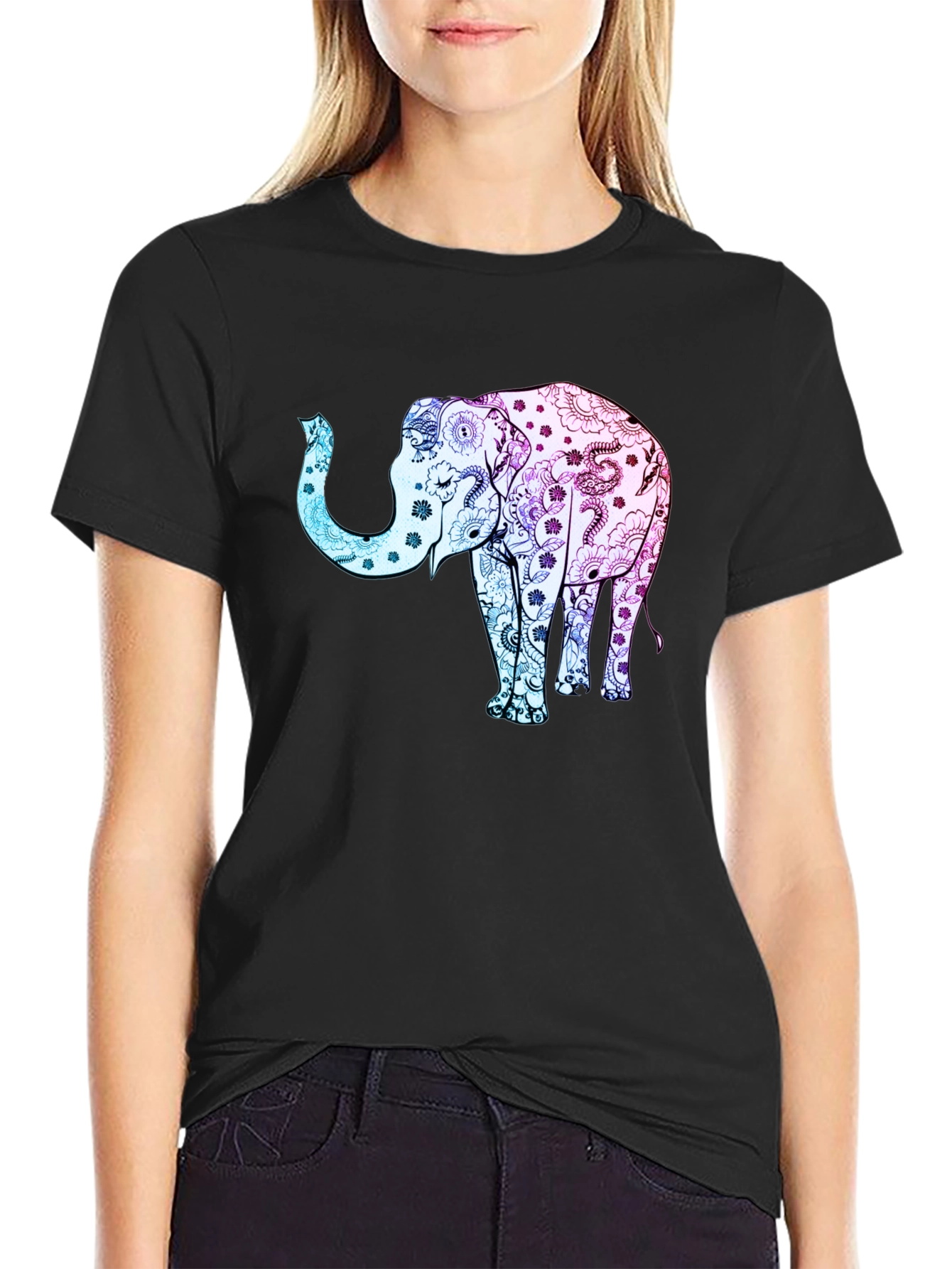 Black Elephant Floral Print Black Tee Shirt view 2