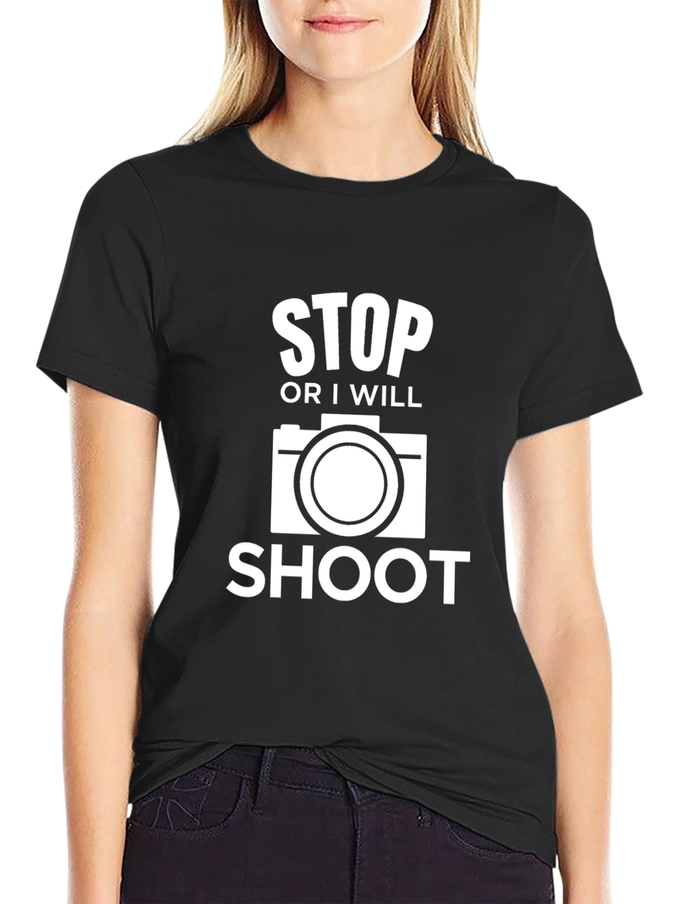 Black Stop or I Will Shoot - Camera Graphic T-Shirt view 2