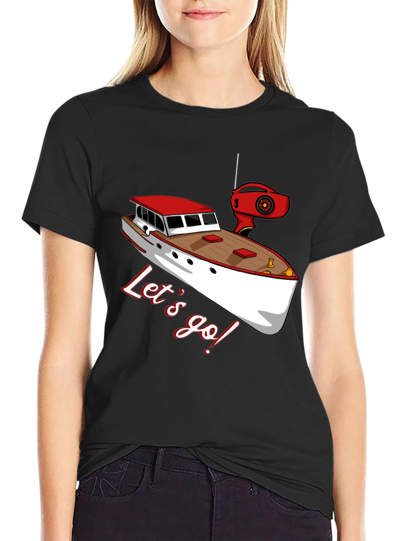 Black Let's Go Boating T-Shirt: Red & White Boat Graphic view 2
