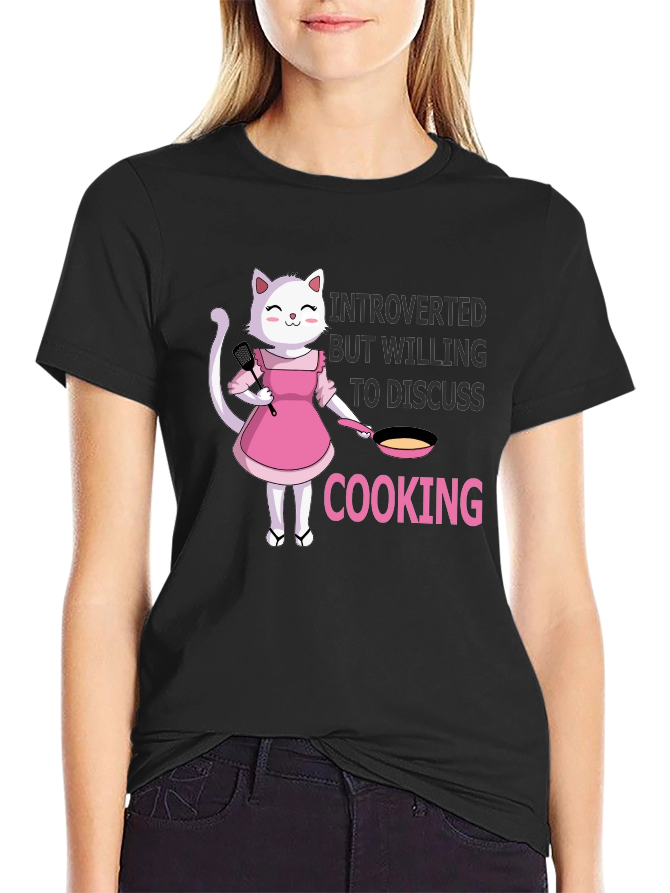 Black Introverted Cooking Cat T-Shirt view 2