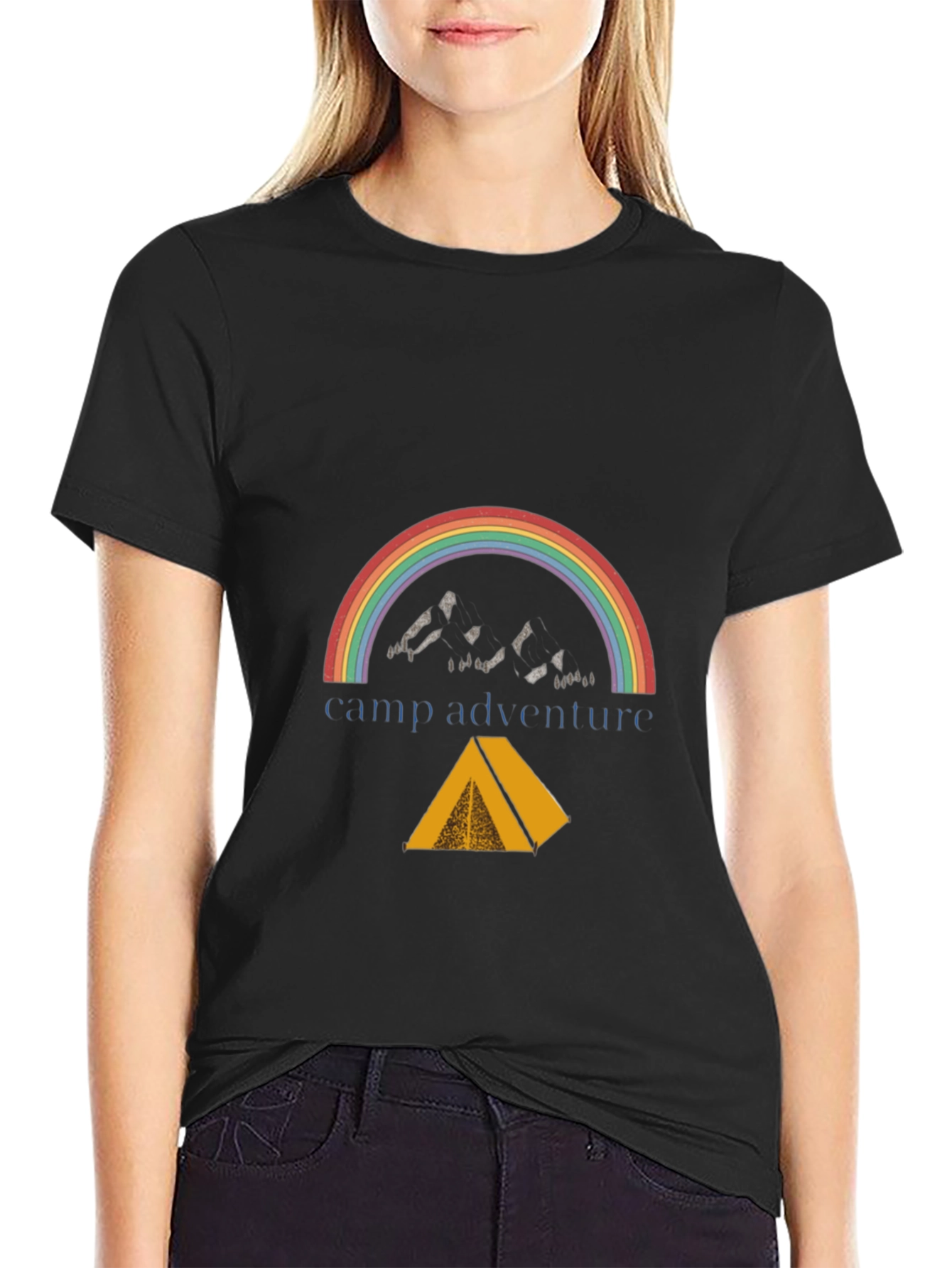 Black Camp Adventure Black T-Shirt, Rainbow Mountain Tent Design view 2