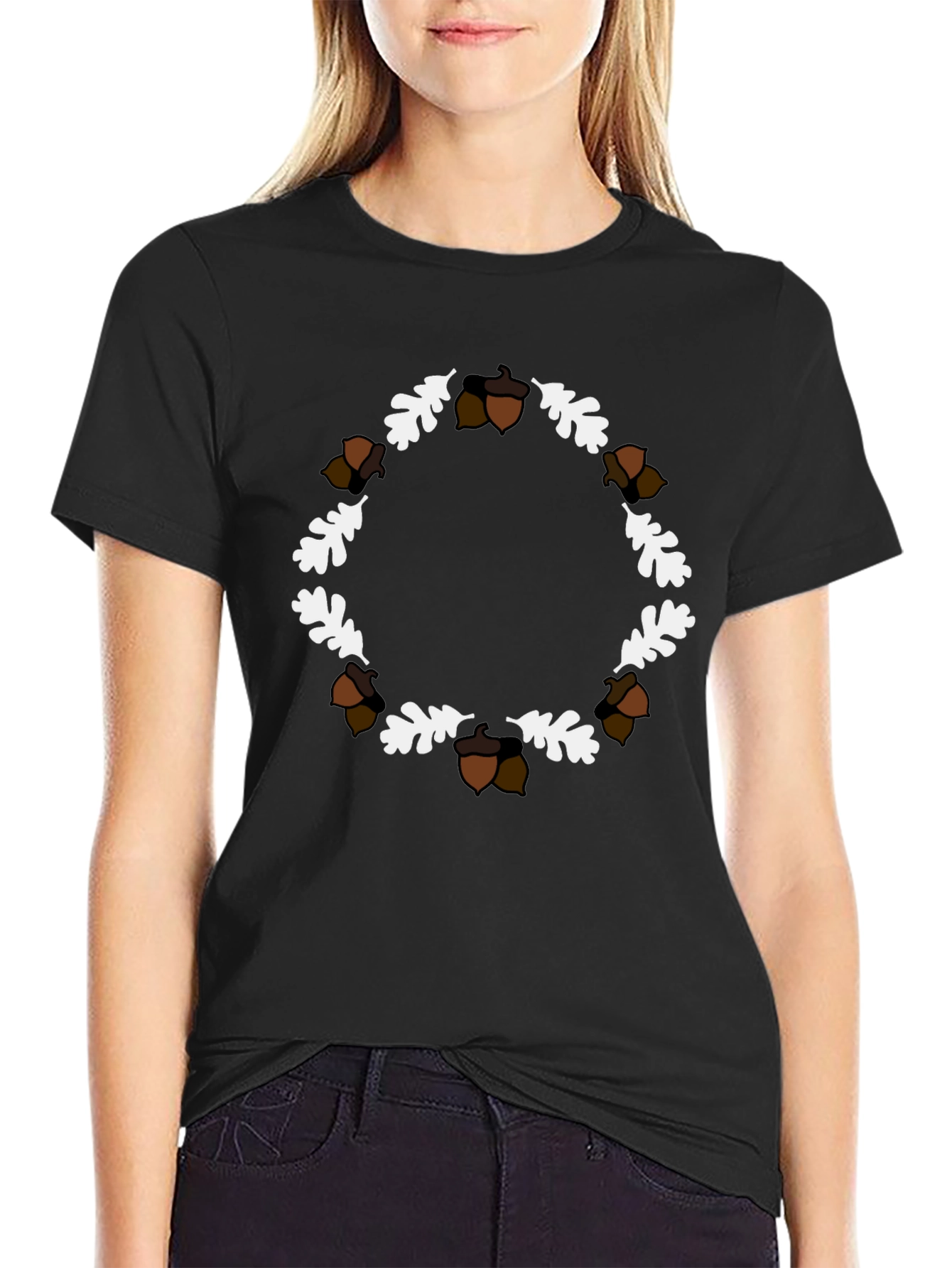 Black Autumn Acorn & Oak Leaf Wreath T-Shirt view 2