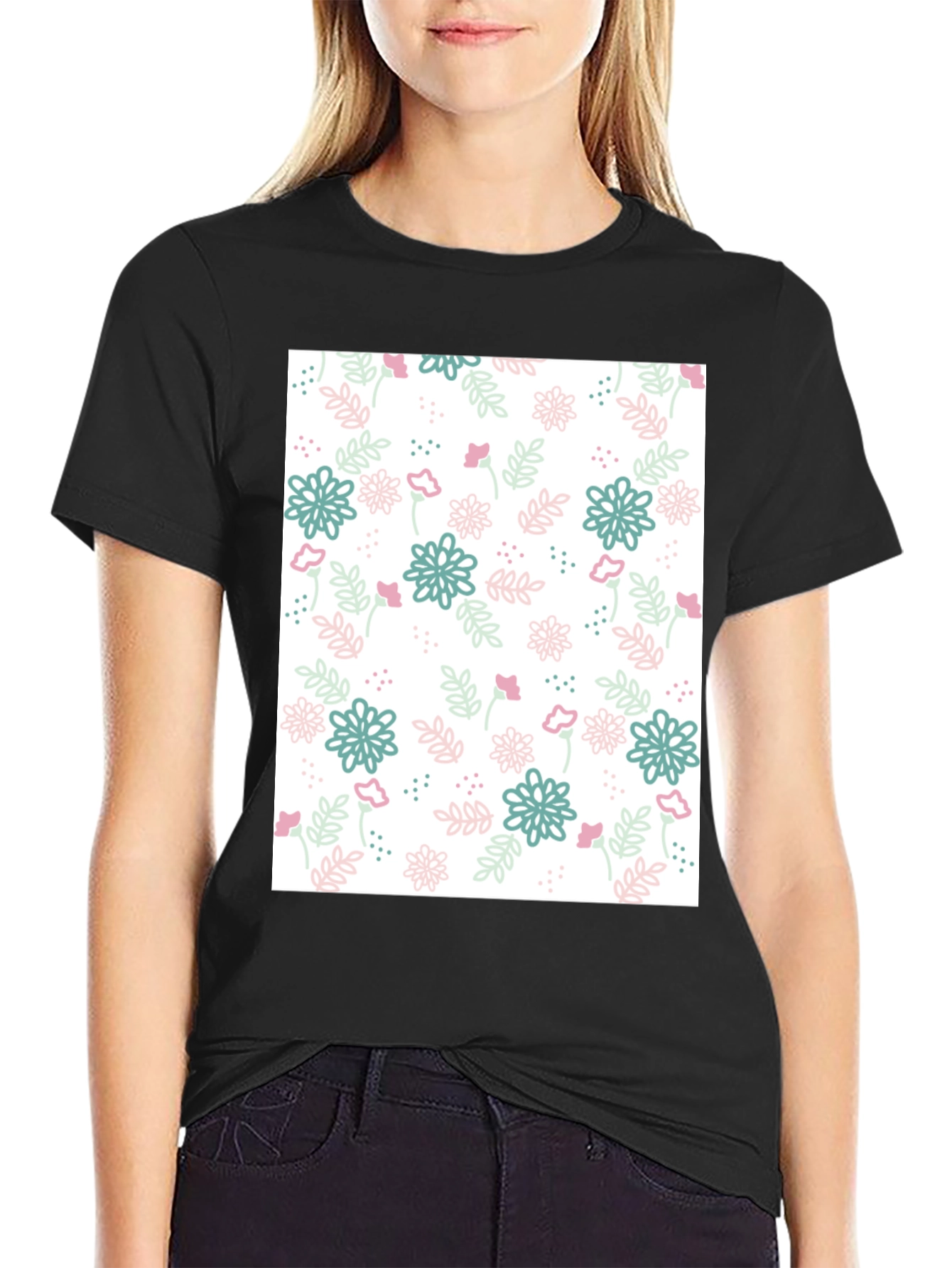 Black Floral Pattern Black T-Shirt - Stylish Casual Wear view 2