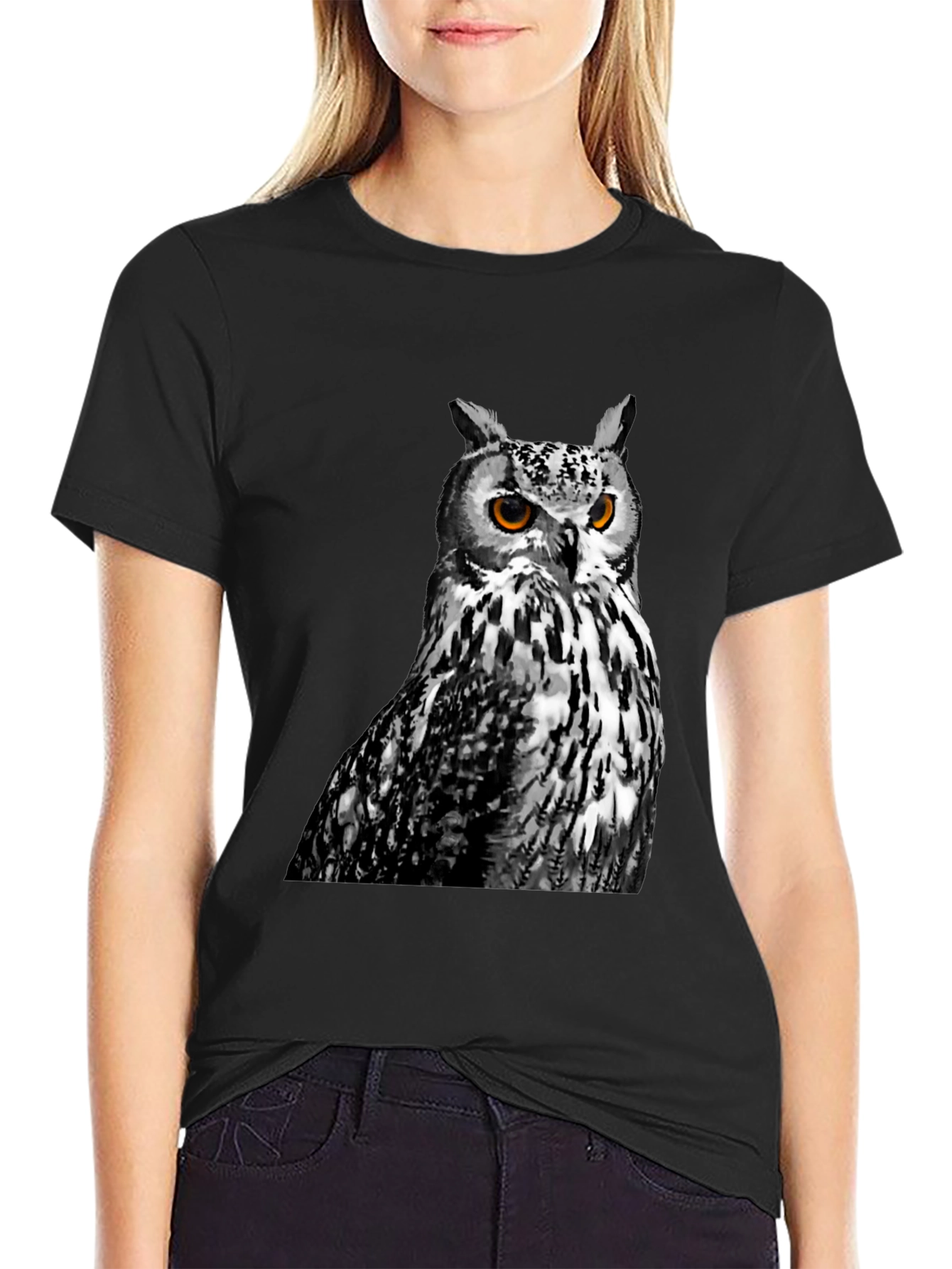 Black Owl Graphic Print Crew Neck T-Shirt view 2