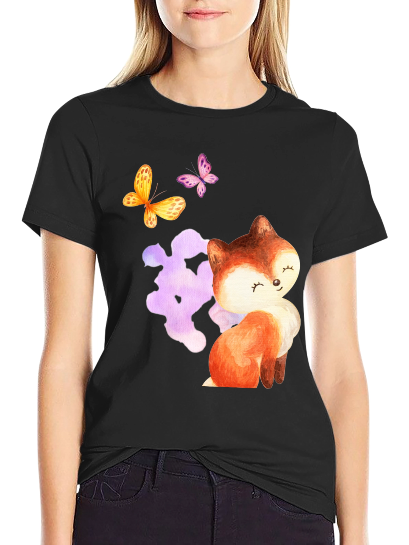 Black Cute Fox & Butterfly Graphic Tee - Stylish Comfort view 2
