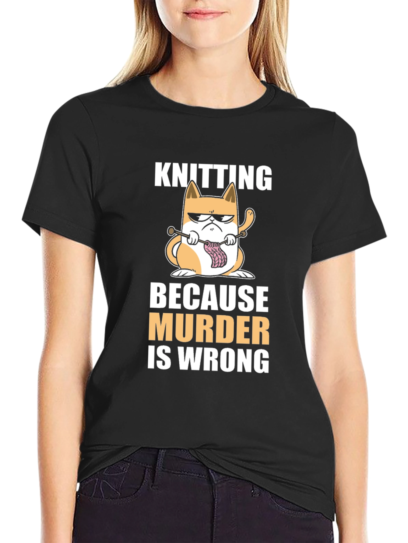 Black Knitting Cat T-Shirt - Because Murder Is Wrong Funny Tee view 2