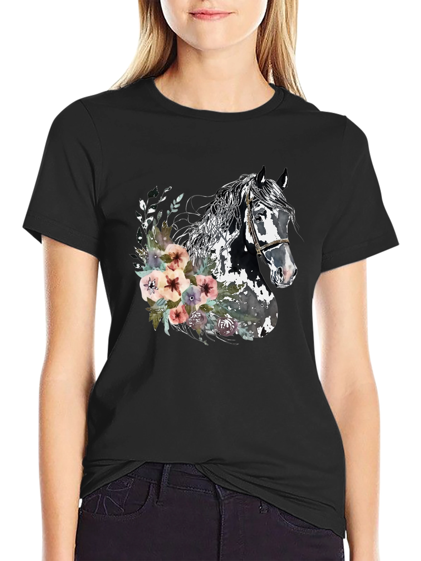 Black Floral Horse Graphic Tee - Unisex Black T-Shirt view 2