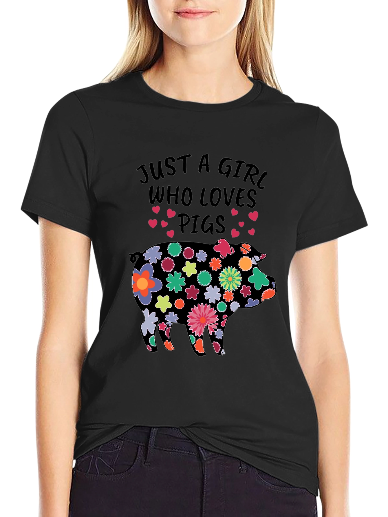 Black Floral Pig T-Shirt - Just a Girl Who Loves Pigs! view 2